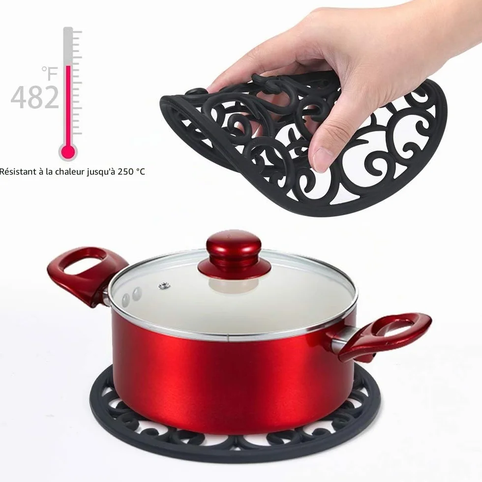 3PCS Tapis de Table Silicone Anti-dérapant Anti-Chaleur 250°C Multifonction Repose-cuillère Dessous de Plat