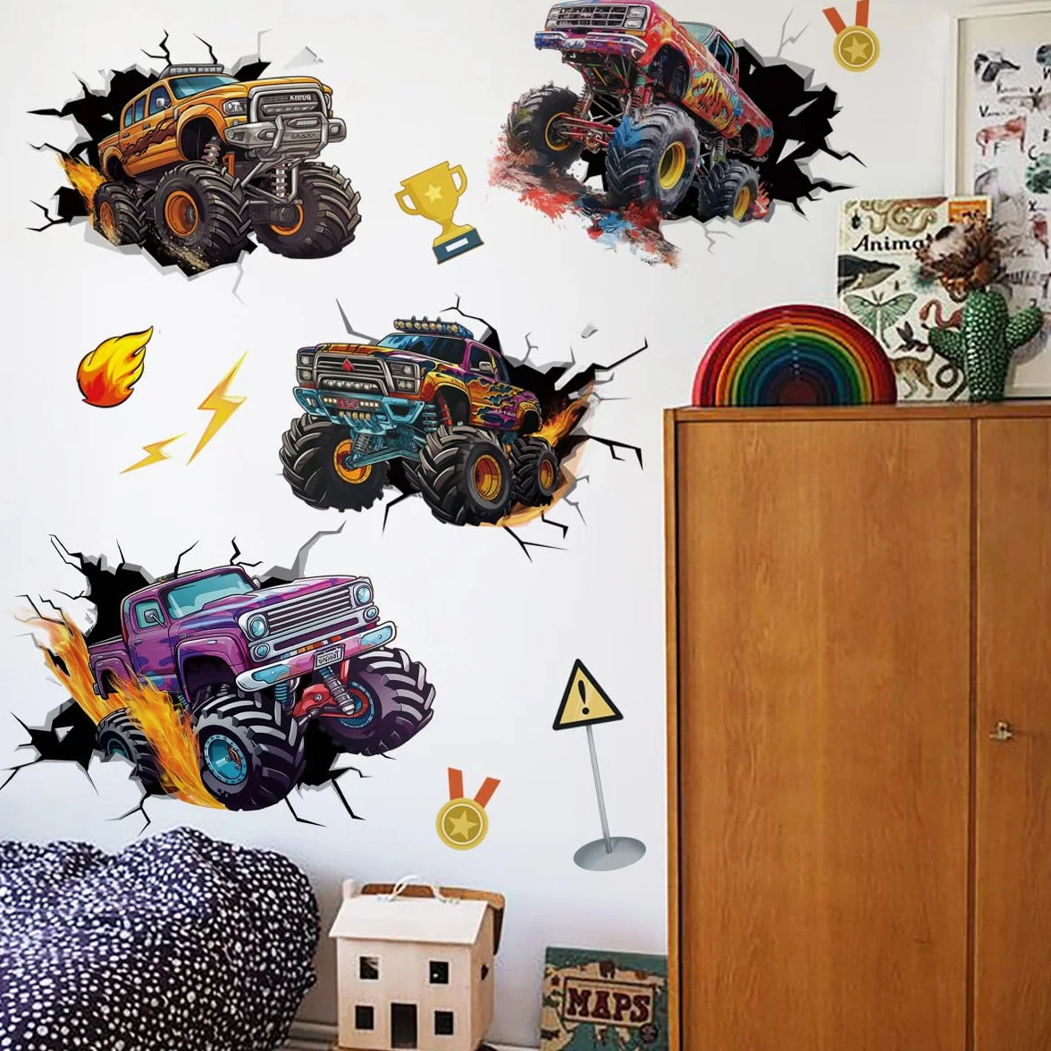 Runtoo Autocollants muraux 3D Monster Truck Break Through Cars Décoration murale chambre garçon
