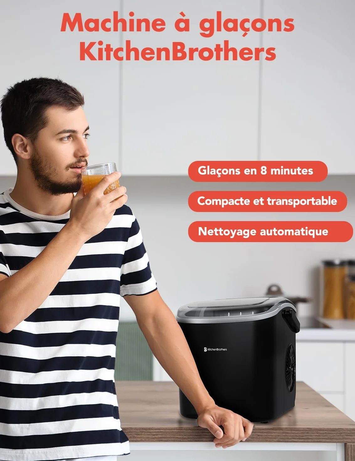 KitchenBrothers Machine à Glaçons Professionnel 12KG/24h 1,2L Portable avec Poignée
