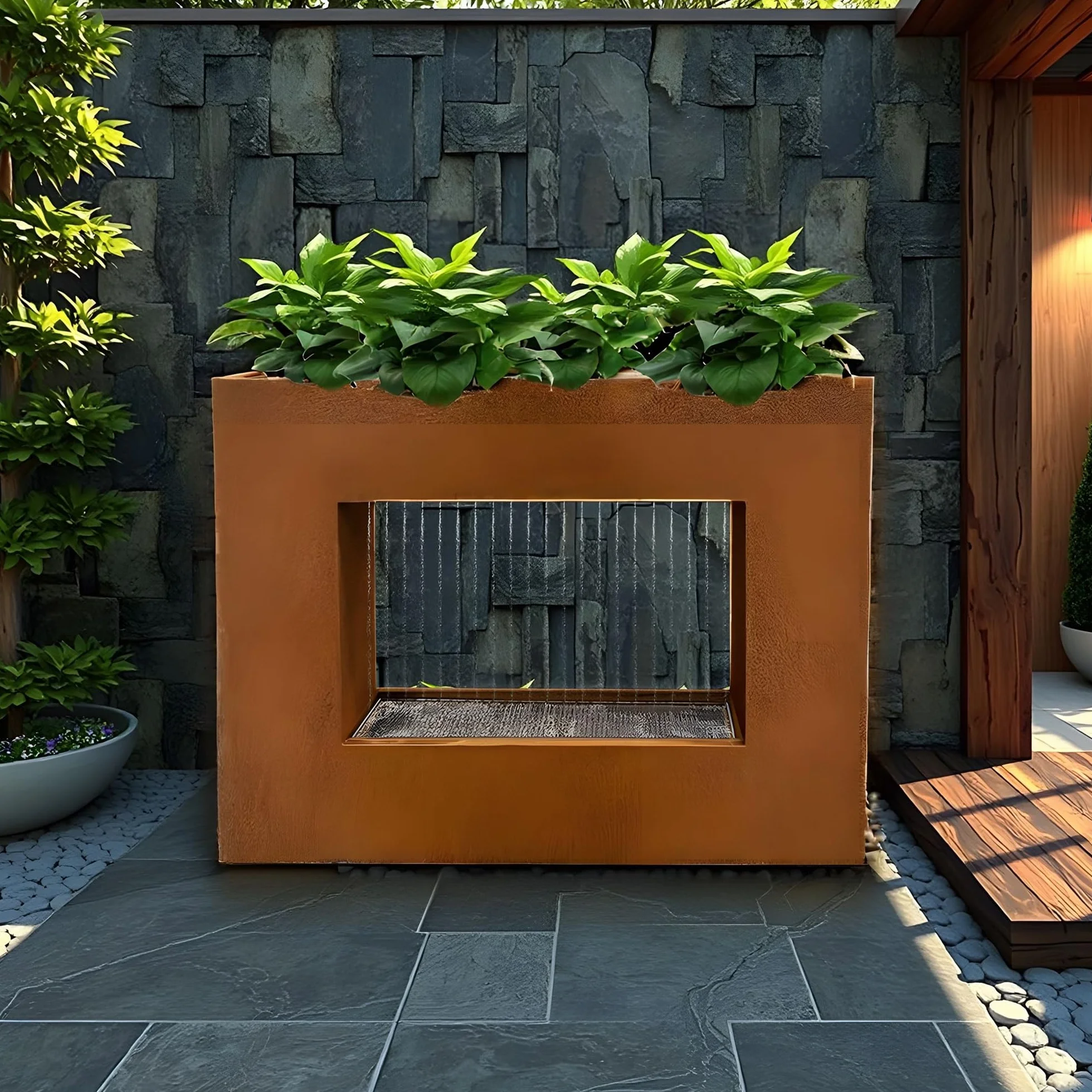 KÖHKO® Rideau d'eau plantable LED 60 cm acier Corten jardinière acier inoxydable Cascade Fontaine d'intérieur