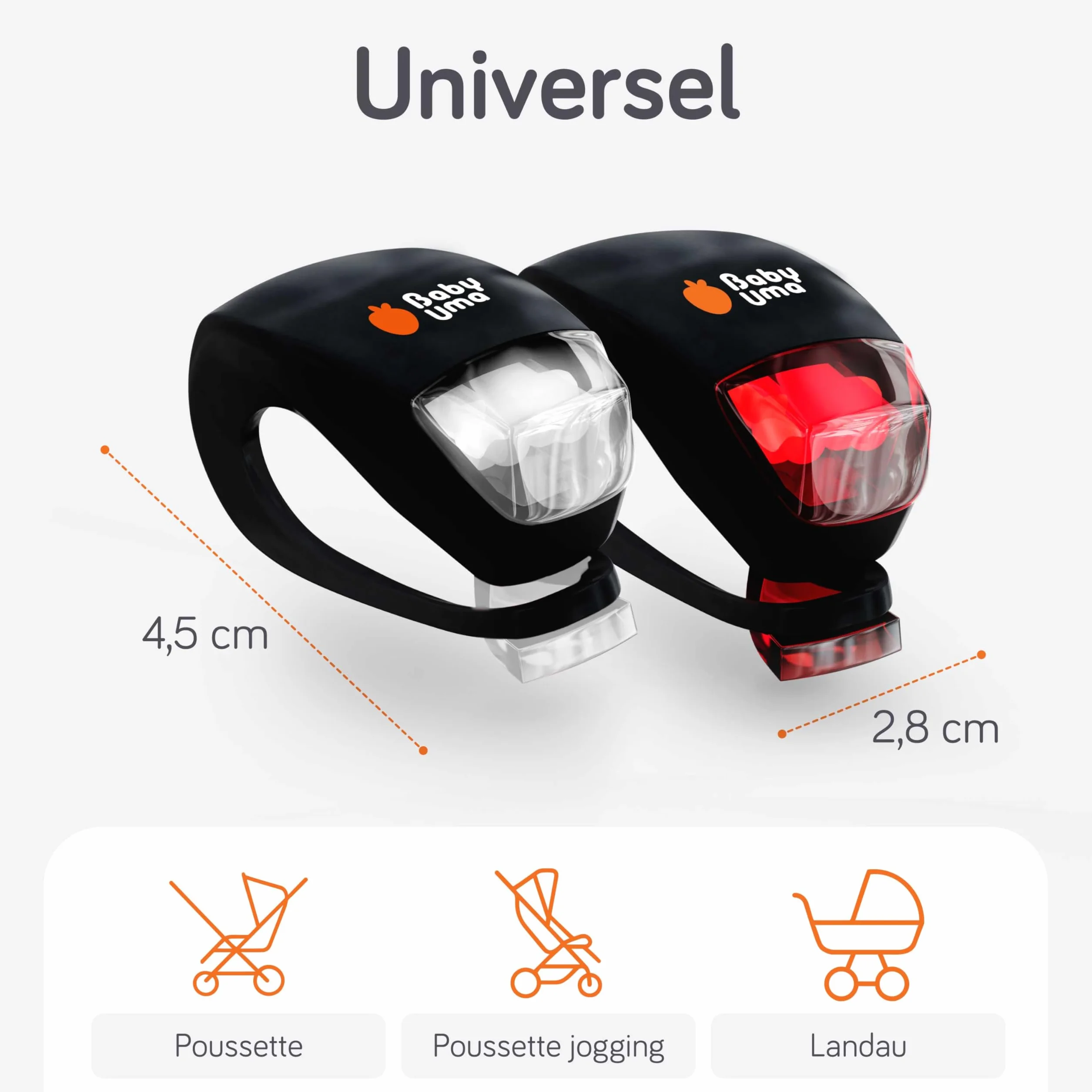 Baby Uma Lumières LED Poussette (Lot de 4) – Universelles avec 3 Modes (Fixe/Pulsation/Clignotant), Éclairage Avant & Arrière pour Poussette, Vélo et Trottinette