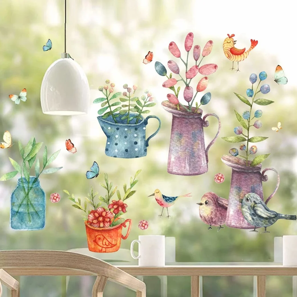 Naklejki okienne POTS de FLEURS aquarelle réutilisable | Dekoracyjne kwiaty ptaki wiosna lato | Autocollant salon chambre enfant cuisine (non adhésif)
