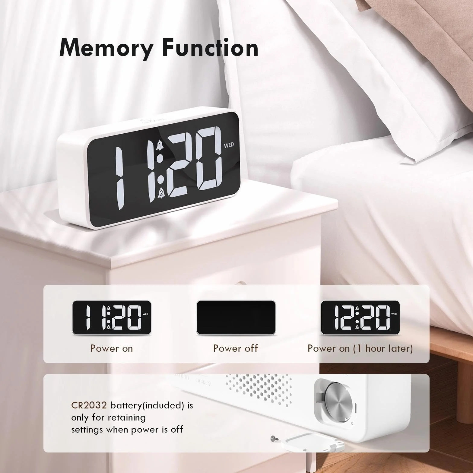 Réveil Numérique avec Grand écran LED, Double Alarme, Snooze, 10 Sonneries, Luminosité et Volume Réglables, 12/24H