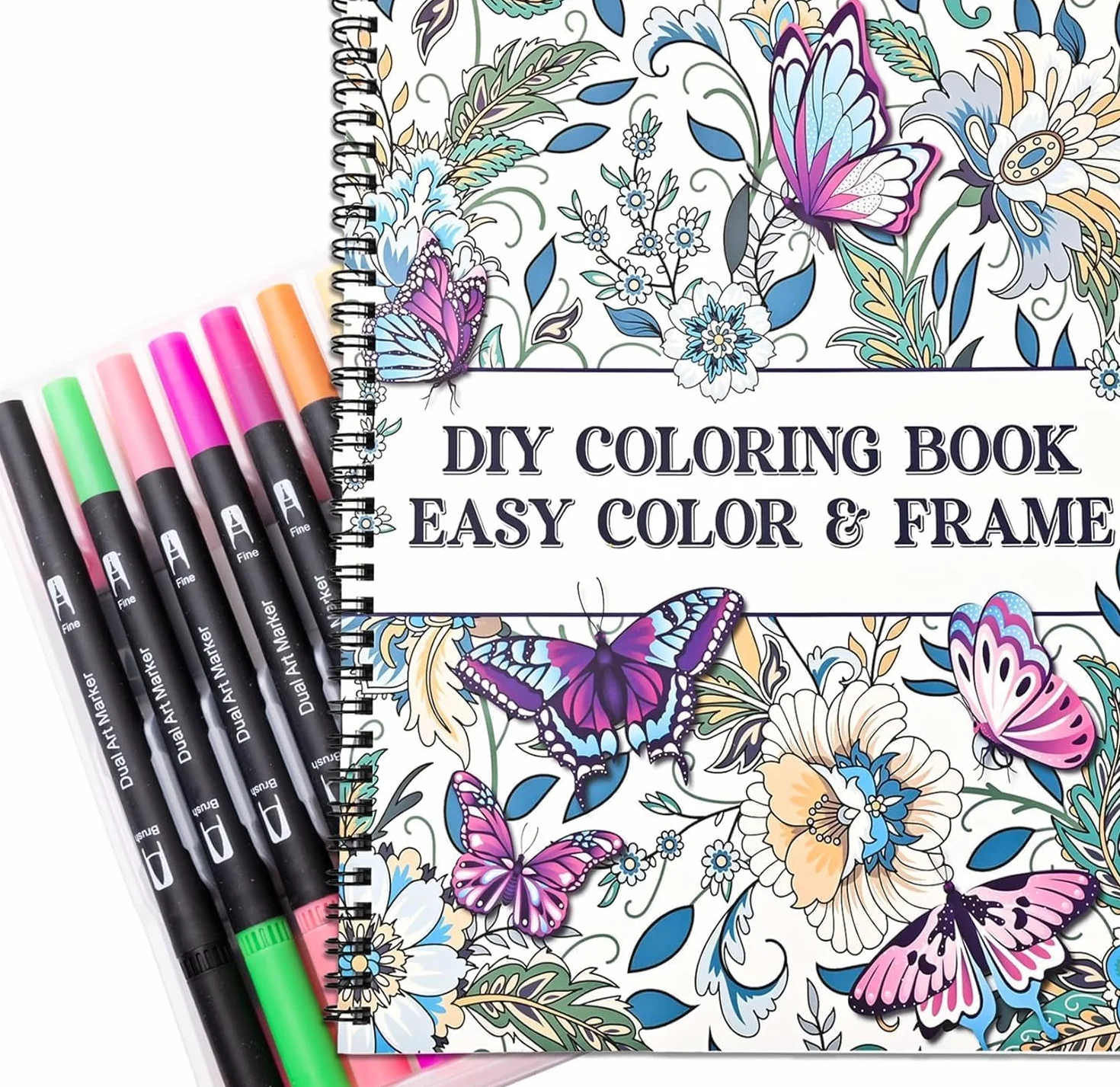Livre de coloriage pour adultes avec 36 stylos double pinceau, 30 motifs relaxants, spirales