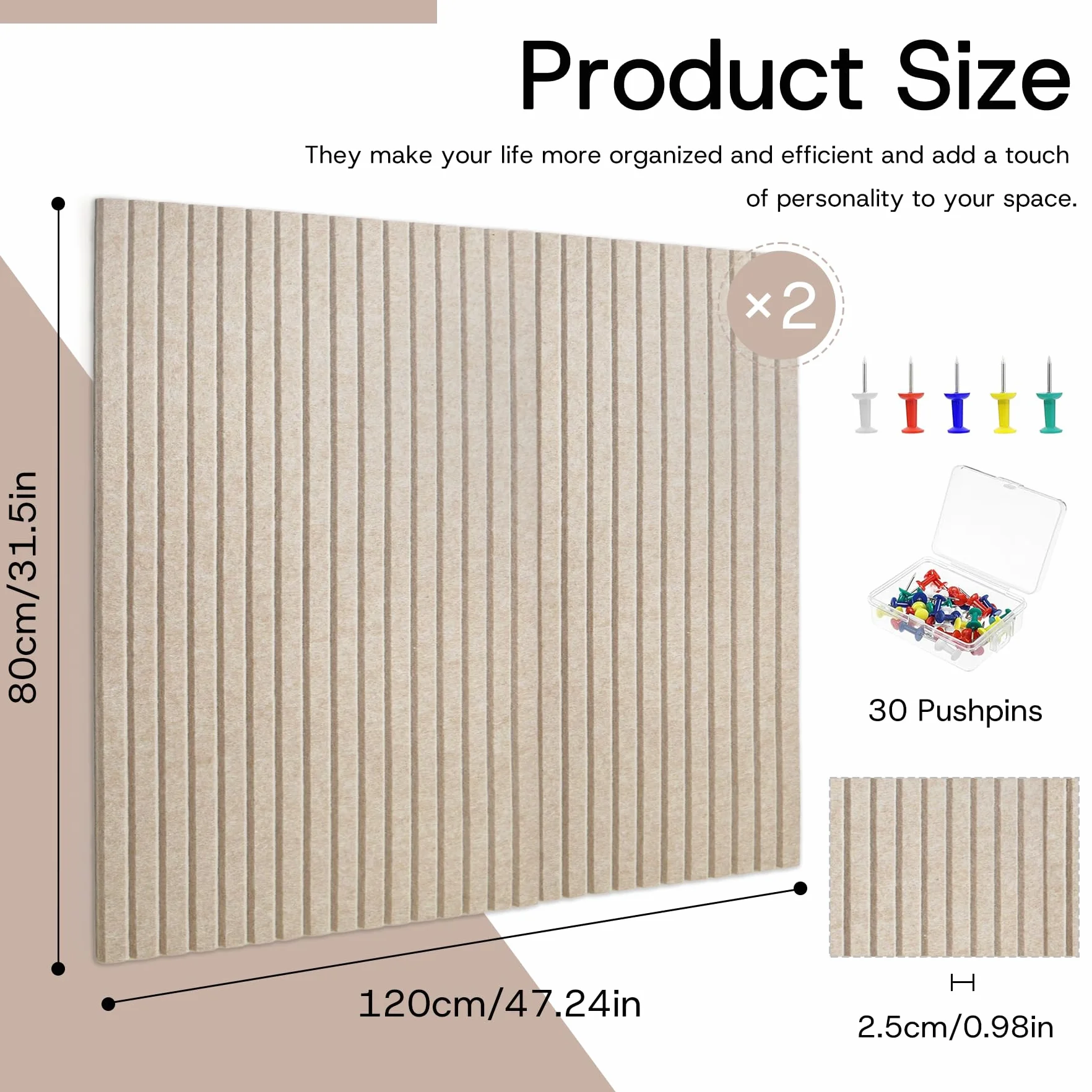 Lot de 2 tableaux d'affichage en feutre 80 x 120 cm avec punaises autocollant marron clair