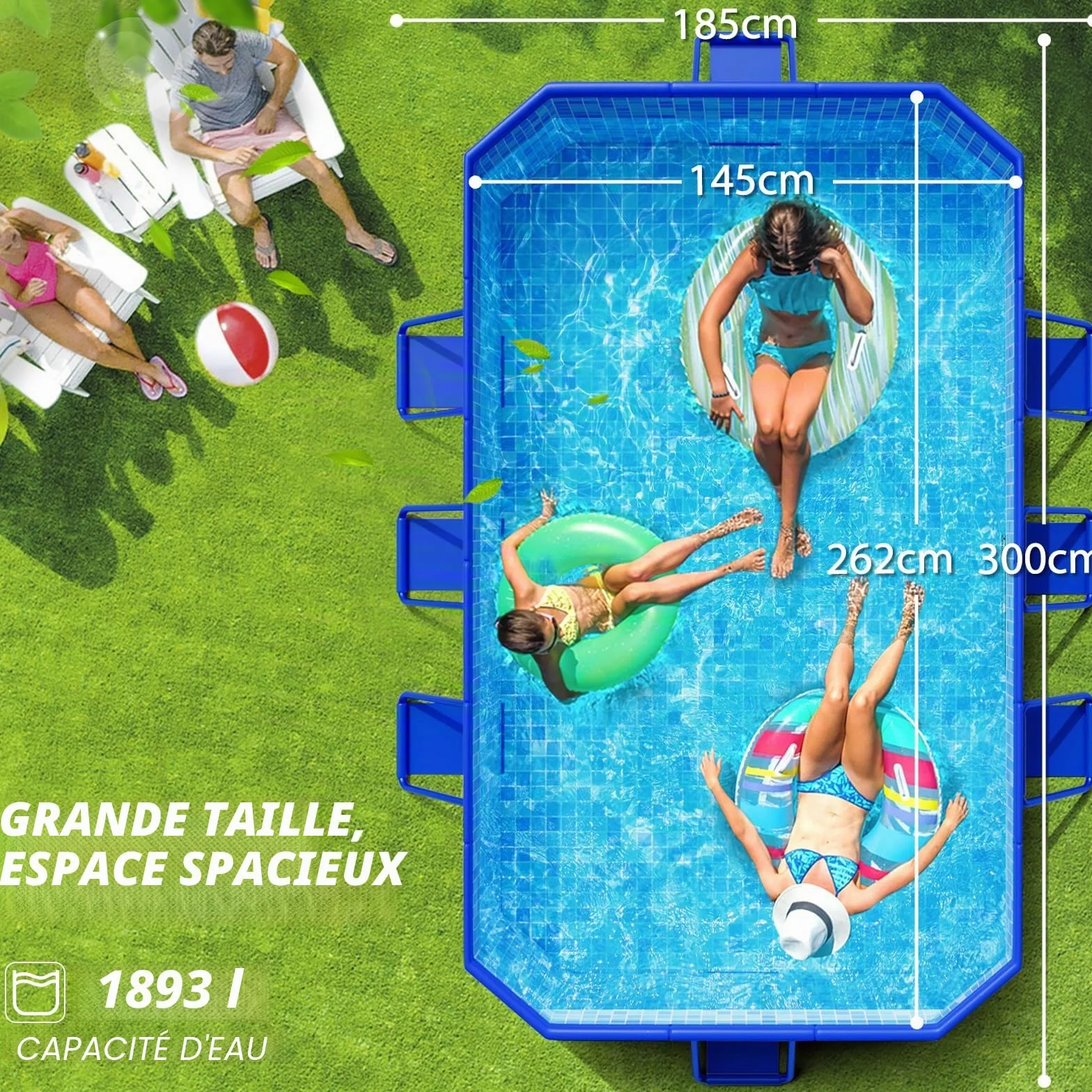 KingSom Piscine Tubulaire Rectangulaire 300 x 185 x 51 cm Hors Sol Metal Frame