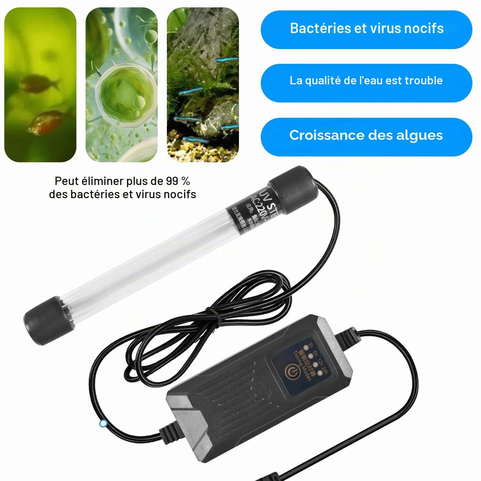 Funmo Stérilisateur UV Aquarium, Lampe Submersible pour Nettoyer Bassin et Poisson