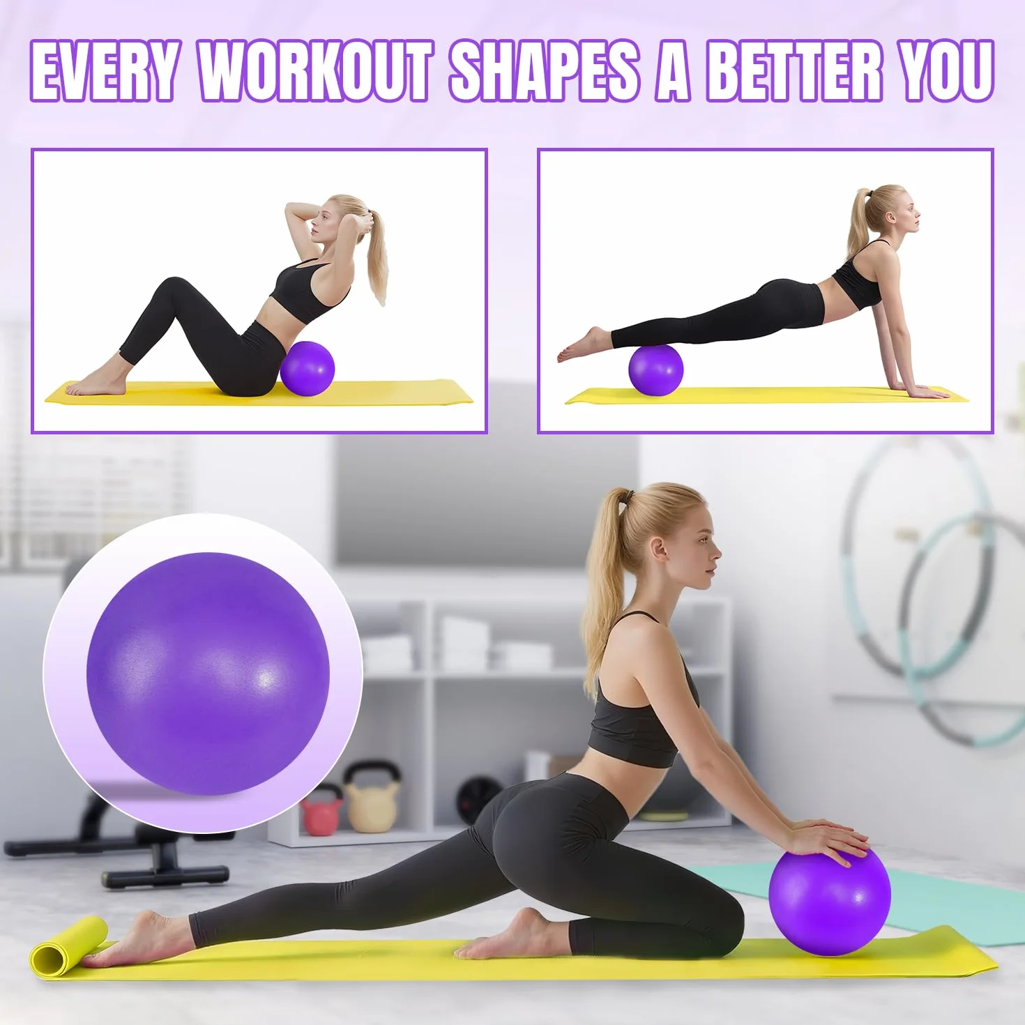 Pilates Ring Set - 6 Pièces, Anneau de Pilates, Ballon de Yoga, Bandes de Résistance, Kit Pilates pour Maison, Kits de Yoga et Pilates Accessoires, Cercle Magique de Fitness Femmes (Violet)