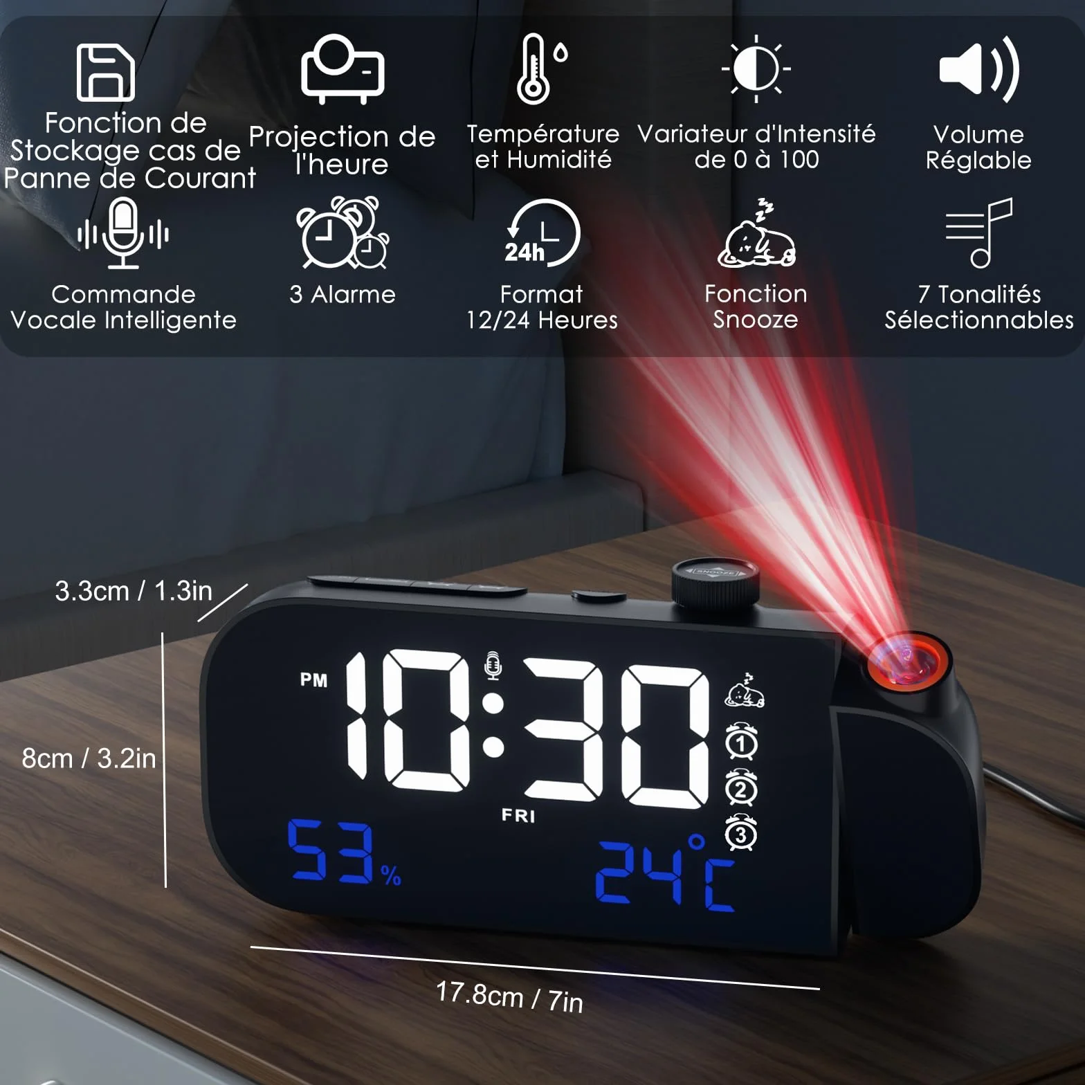 MOSUO Réveil Projecteur Plafond Numérique LED avec Température Humidité Snooze Activation Sonore Luminosité Réglable