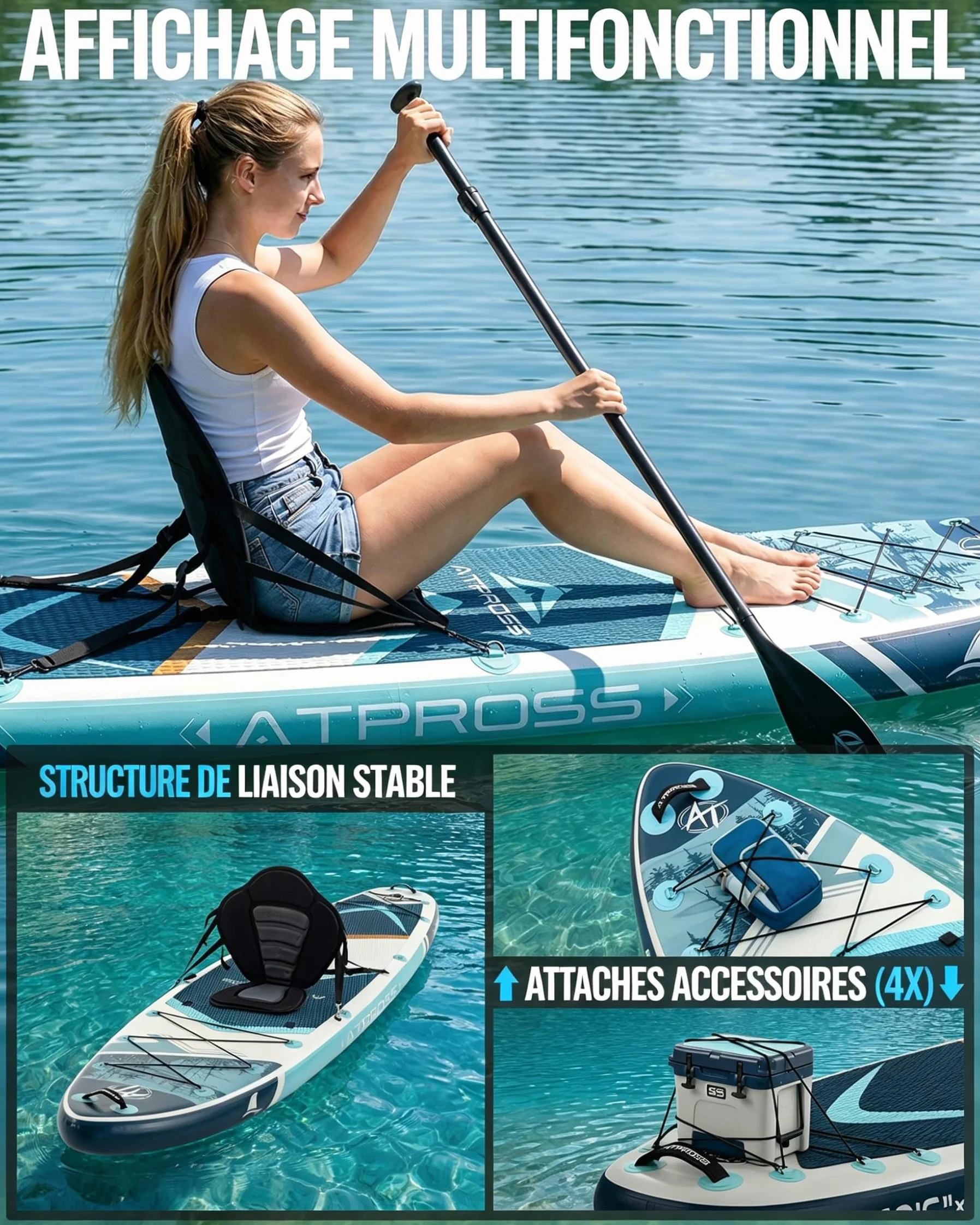 Stand Up Paddle Gonflable Adulte avec Siège Kayak & Accessoires, 320x84cm Planche de Sup Extra Large pour 2 Personnes, Charge 200kg, Kayak Gonflable 2 Places Stable et Antidérapant pour Surf