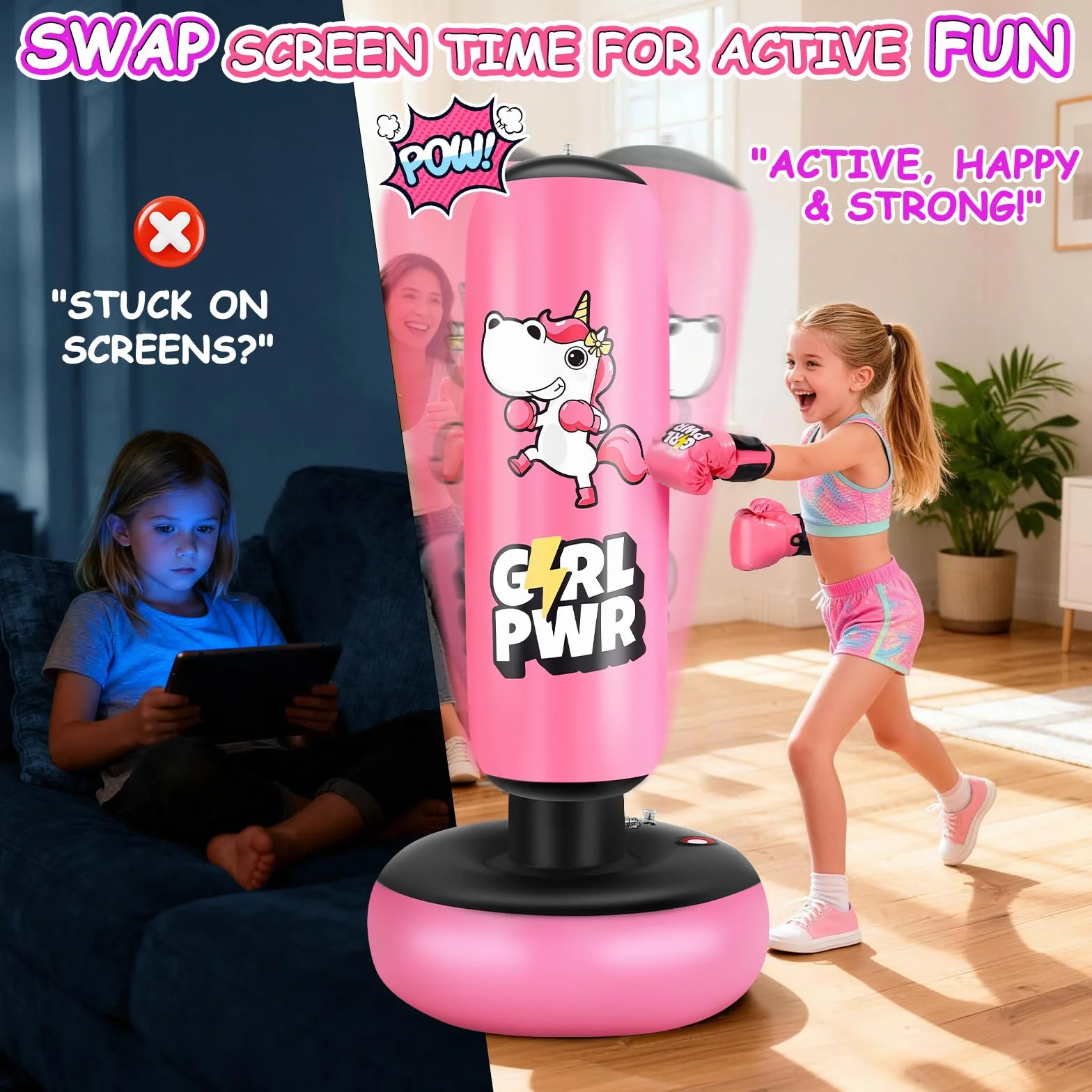 Punching Ball avec Gants de Boxe et Pompe, Sac de Boxe Enfant 168 cm - Idéal pour Karaté, Taekwondo, Cadeau Parfait pour Garçons & Filles de 5 à 12 Ans (Rose)