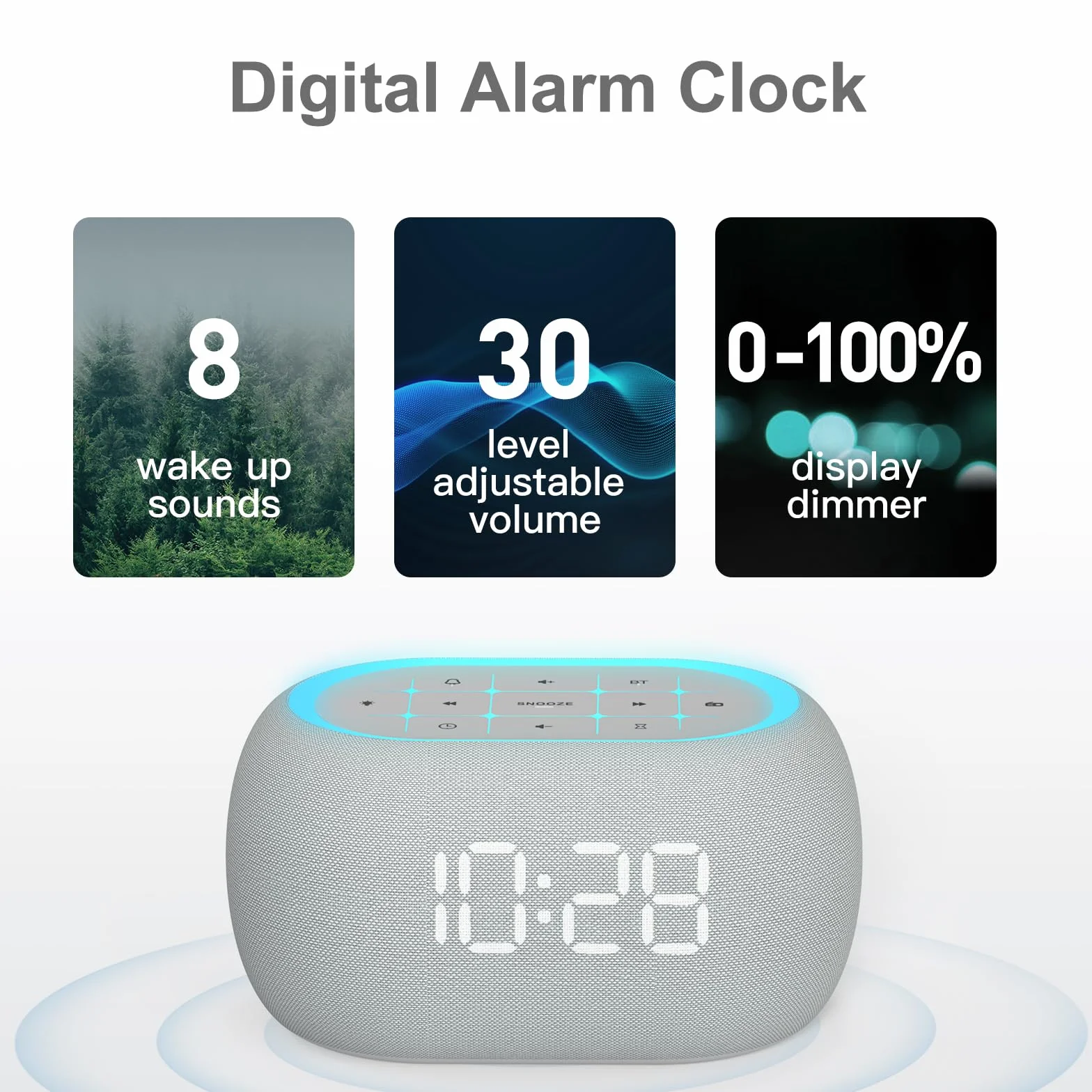 ANJANK Radio Réveil Bluetooth, 2 Haut-Parleurs Hi-Fi 10W, Veilleuse 7 Couleurs, Affichage 0-100%, 8 Sonneries
