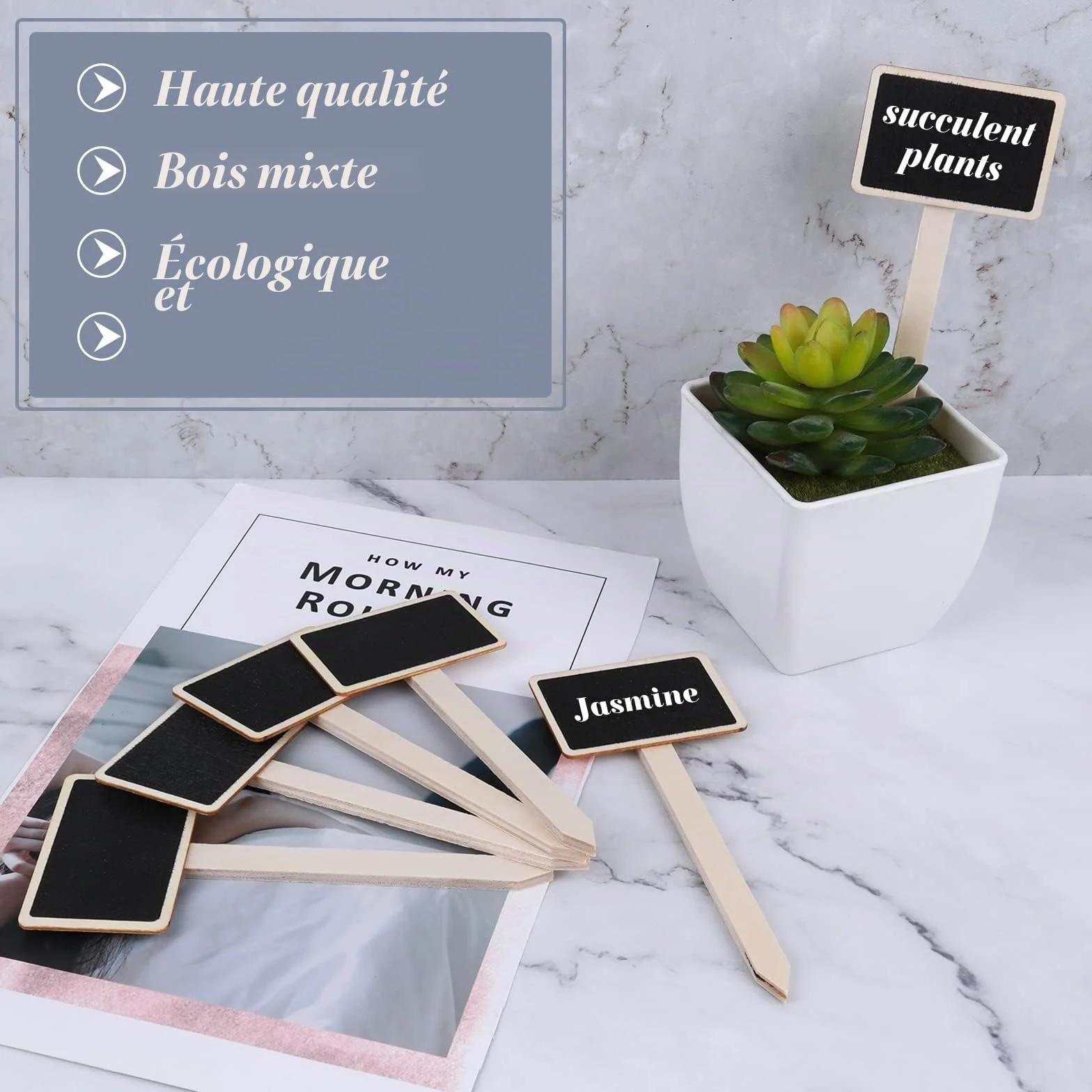 Étiquettes en Bois pour Jardin - Lot de 20 - Tableau Noir avec Stylo - Plantes Intérieur Extérieur