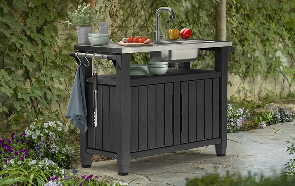 Keter Unity XL Desserte extérieure avec évier 207L résine Effet Bois comptoir Aluminium Graphite 134x52x90 cm