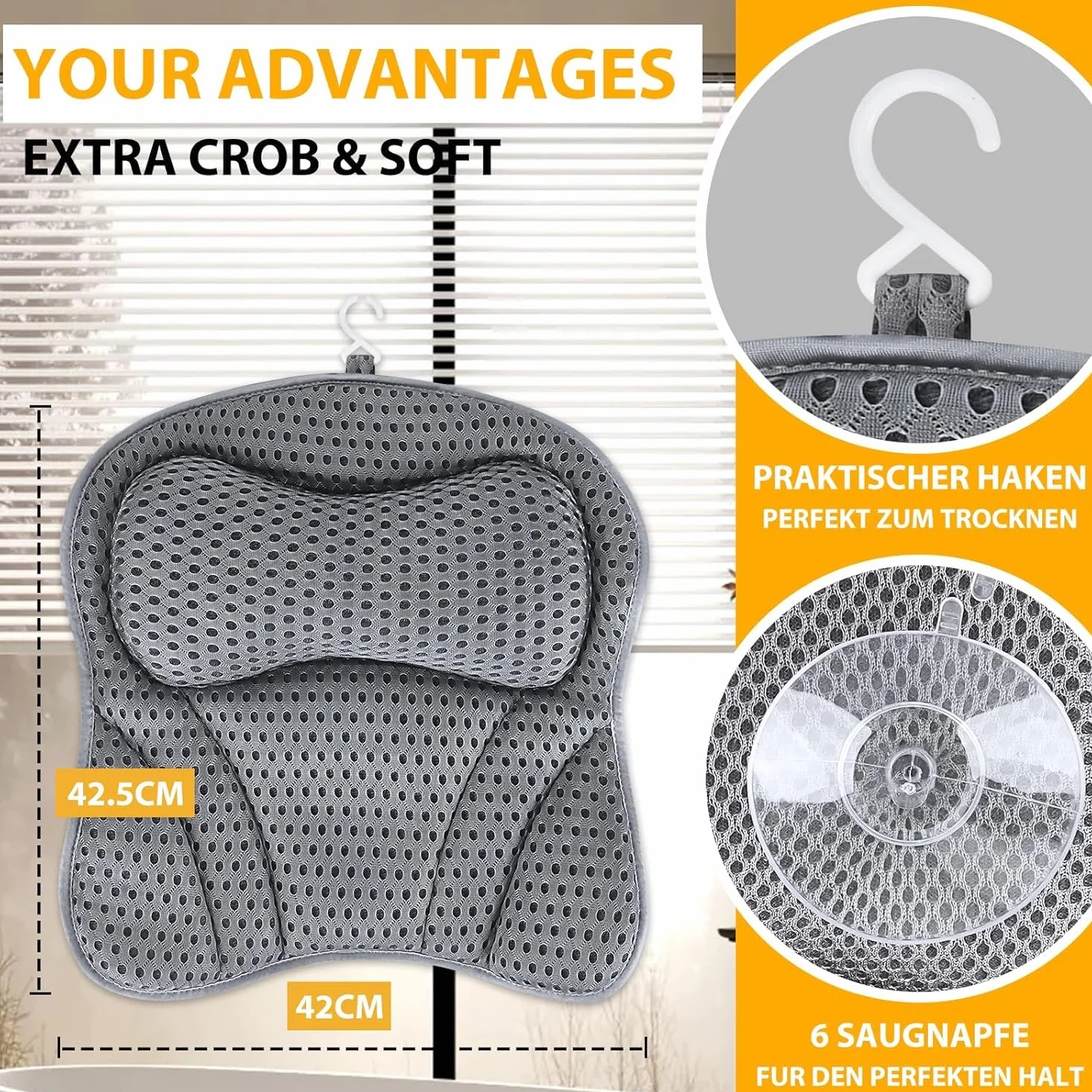 Oreiller de Bain Ergonomique avec Technologie 4D Air Mesh et 6 Ventouses pour Baignoire et Spa