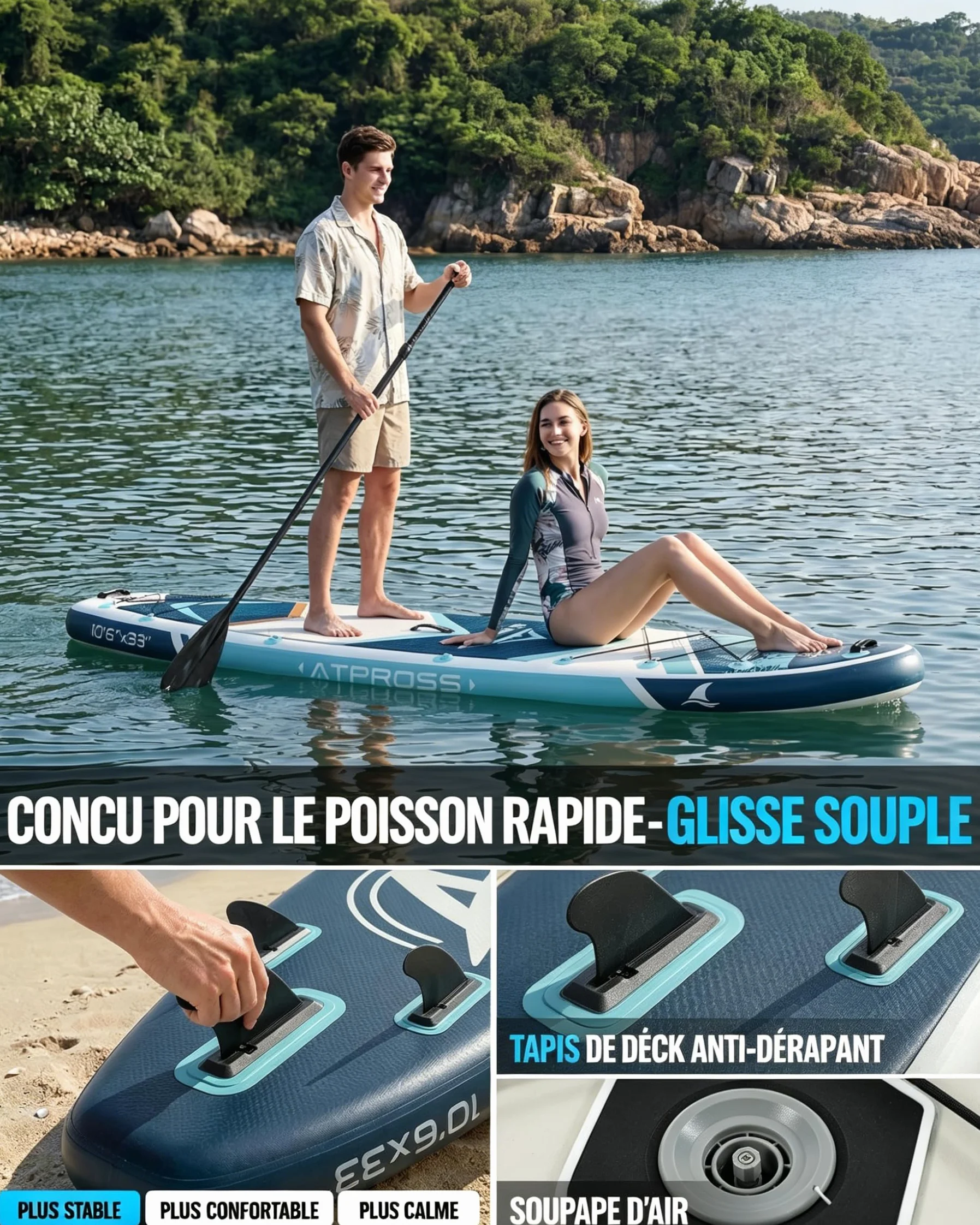 Stand Up Paddle Gonflable Adulte avec Siège Kayak & Accessoires, 320x84cm Planche de Sup Extra Large pour 2 Personnes, Charge 200kg, Kayak Gonflable 2 Places Stable et Antidérapant pour Surf