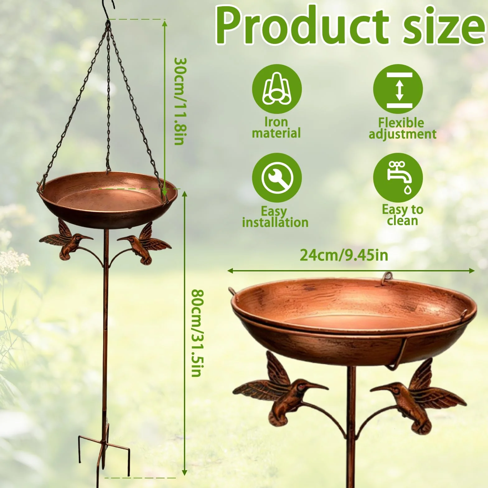 Abreuvoir Oiseaux Bain Suspendu Exterieur ∅ 24cm Socle 5 Pattes Anti-Basculement Chaîne Jardin Balcon
