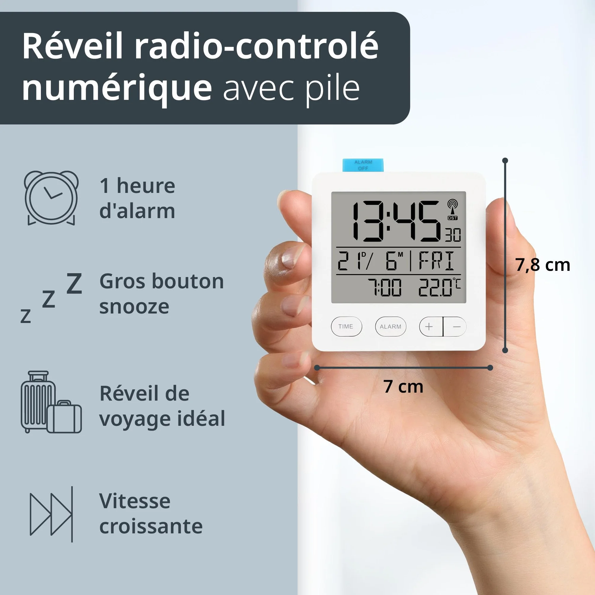 ADE Réveil Radio-piloté Numérique avec Piles, Horloge Radio-pilotée, Température, Date, Blanc