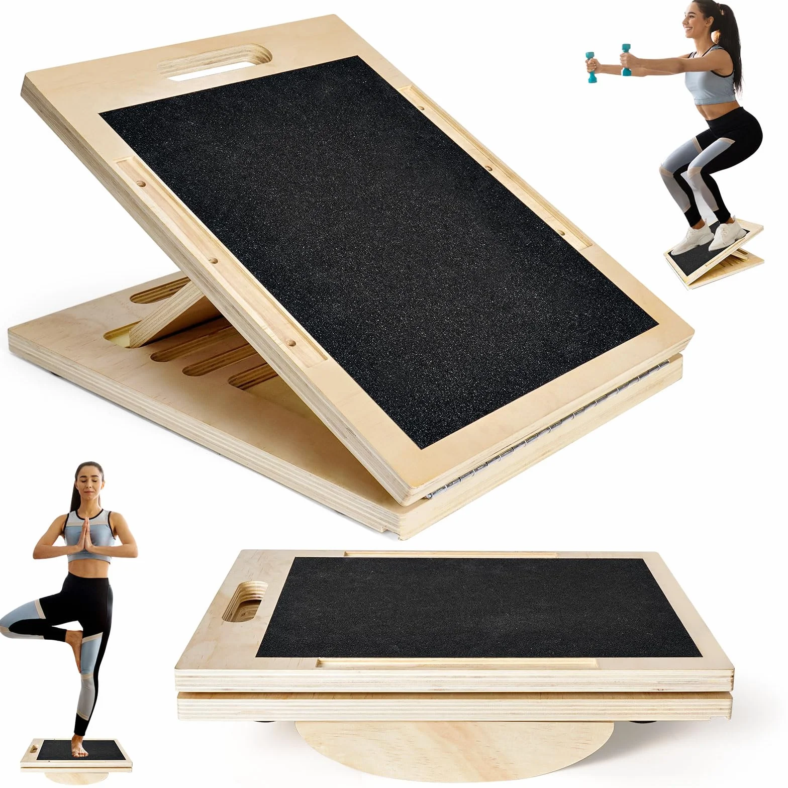 Planche D'équilibre et Planche Inclinée en Bois, Balance Board Antidérapante, Réglable Slant Board de Remise avec 5 Angles D'inclinaison, pour Les Squats, L'étirement Musculaire et L'équilibre