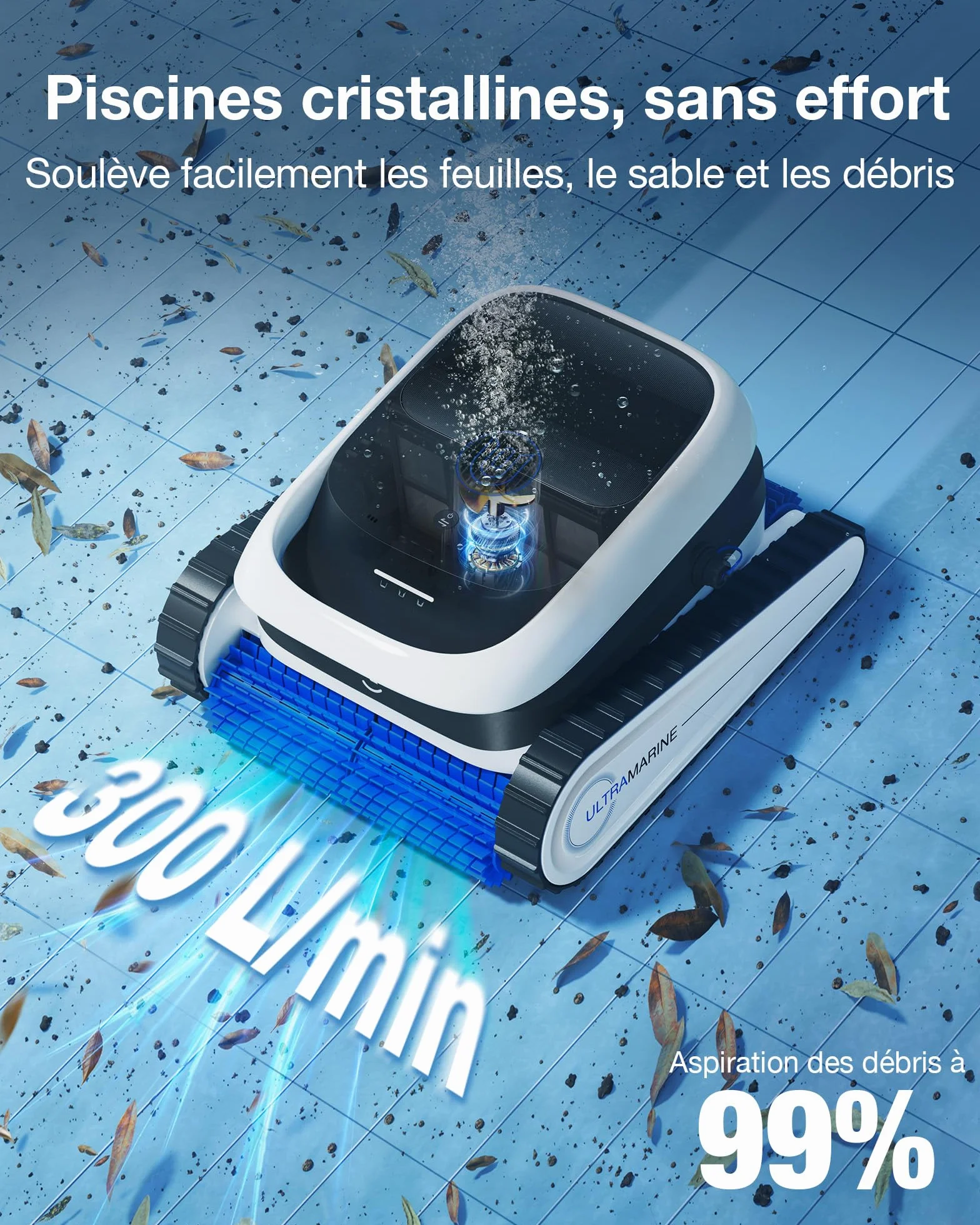 ECOVACS Ultramarine P1 Robot Piscine Nettoyage Fond et Parois, Aspirateur Piscine 180 Min, 180 m², 300 L/Min, Application, Filtre Double Couche, Navigation SmartNavi