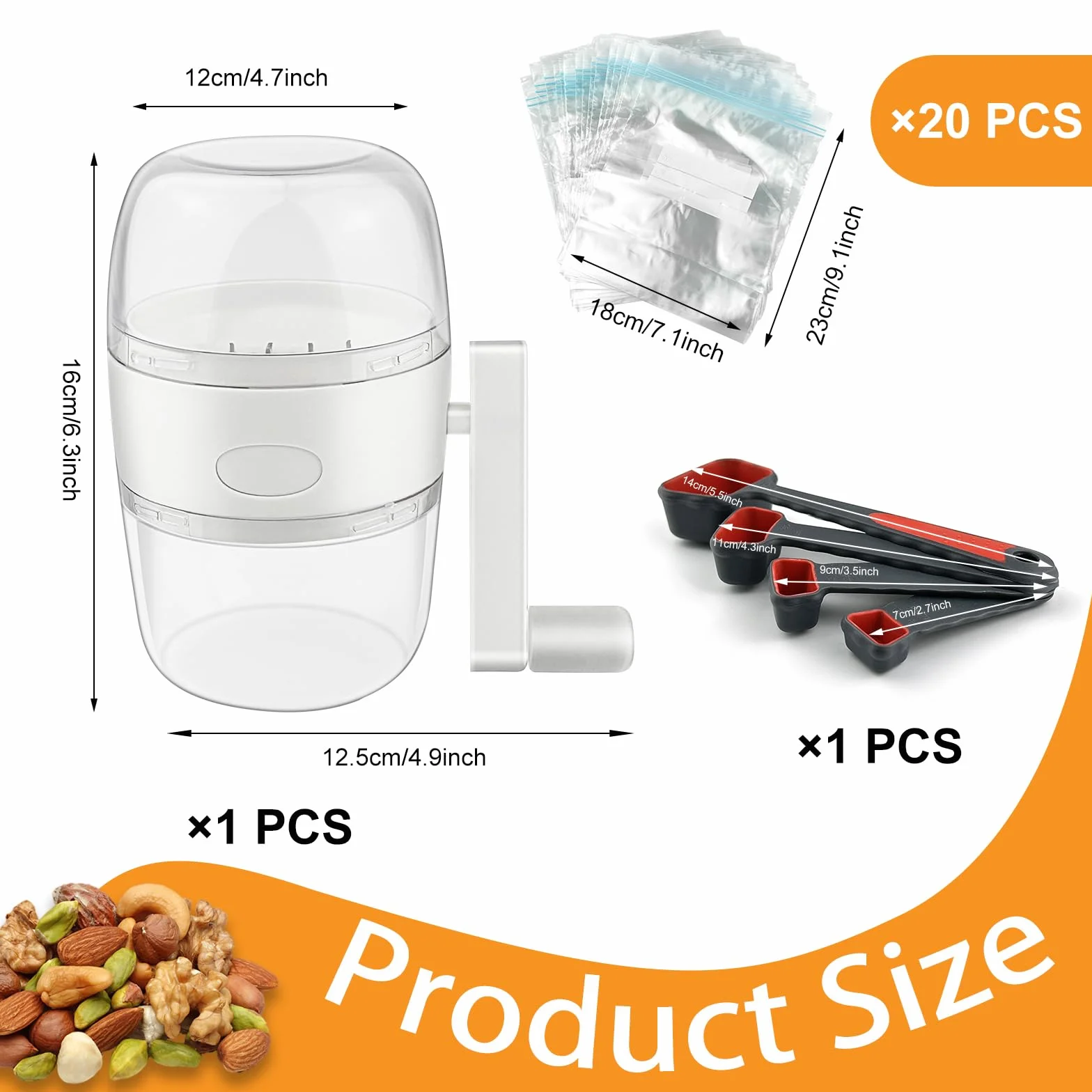 Broyeur de Noix Manuel, Moulin à Concasser avec 20 Sachets Refermables et Cuillère Doseuse pour Noix, Amandes, Noisettes