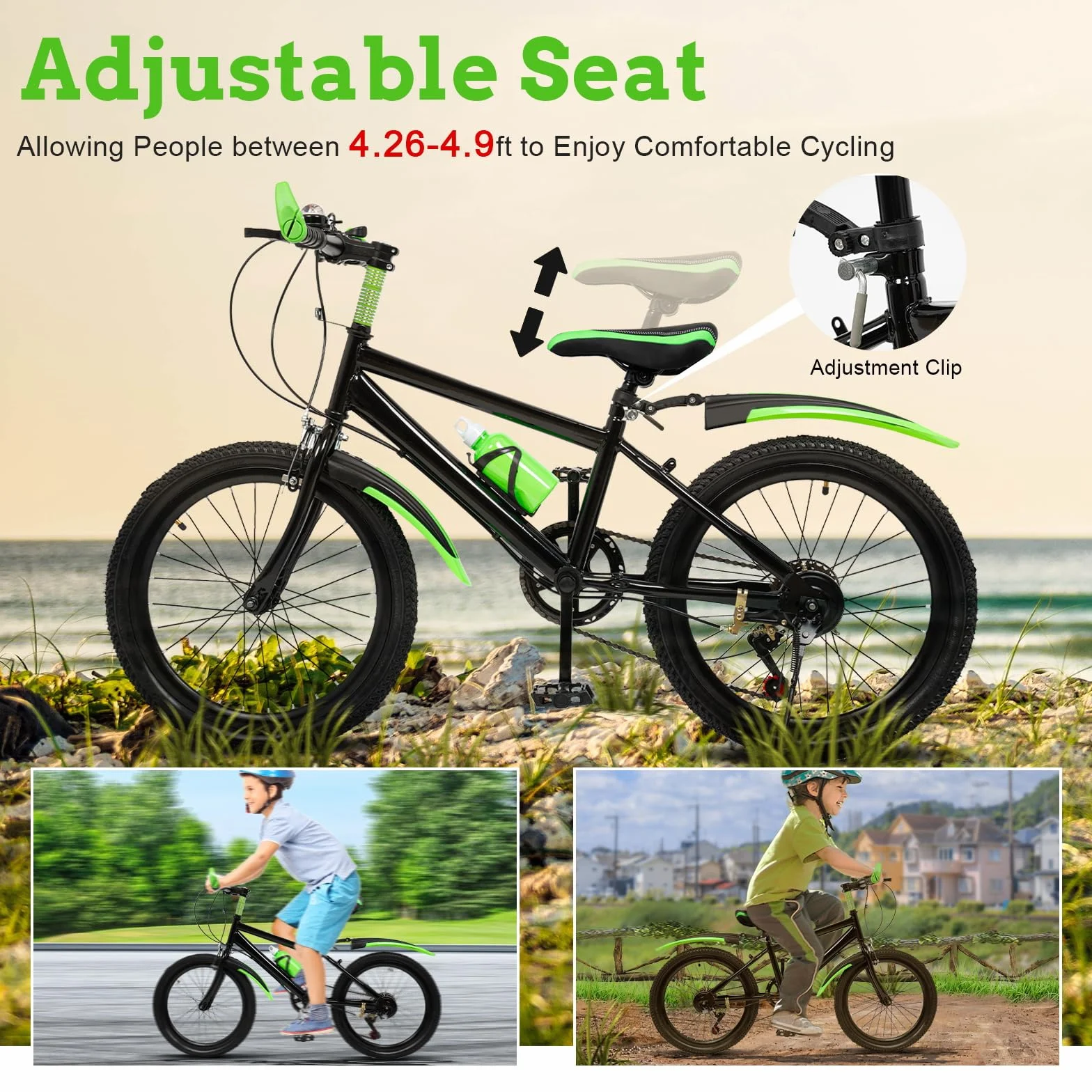 MccoMMon Vélo de ville 20 pouces pour enfant avec double frein à disque, vitesse réglable, en acier au carbone, 130-150 cm pour enfants
