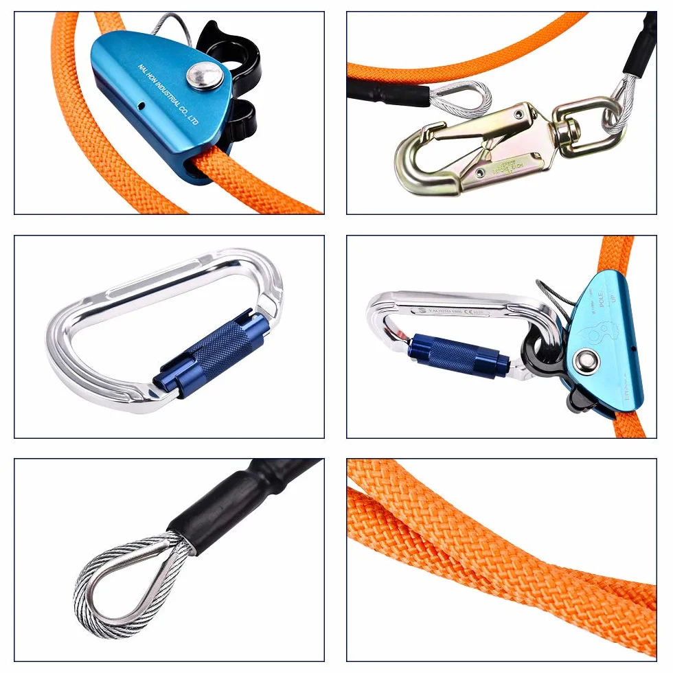 Corde de sécurité extérieure 12 mm x 3 m Ligne Rabattable pour Grimper aux Arbres Mousqueton Triple Verrouillage Faible étirement résistant aux coupures