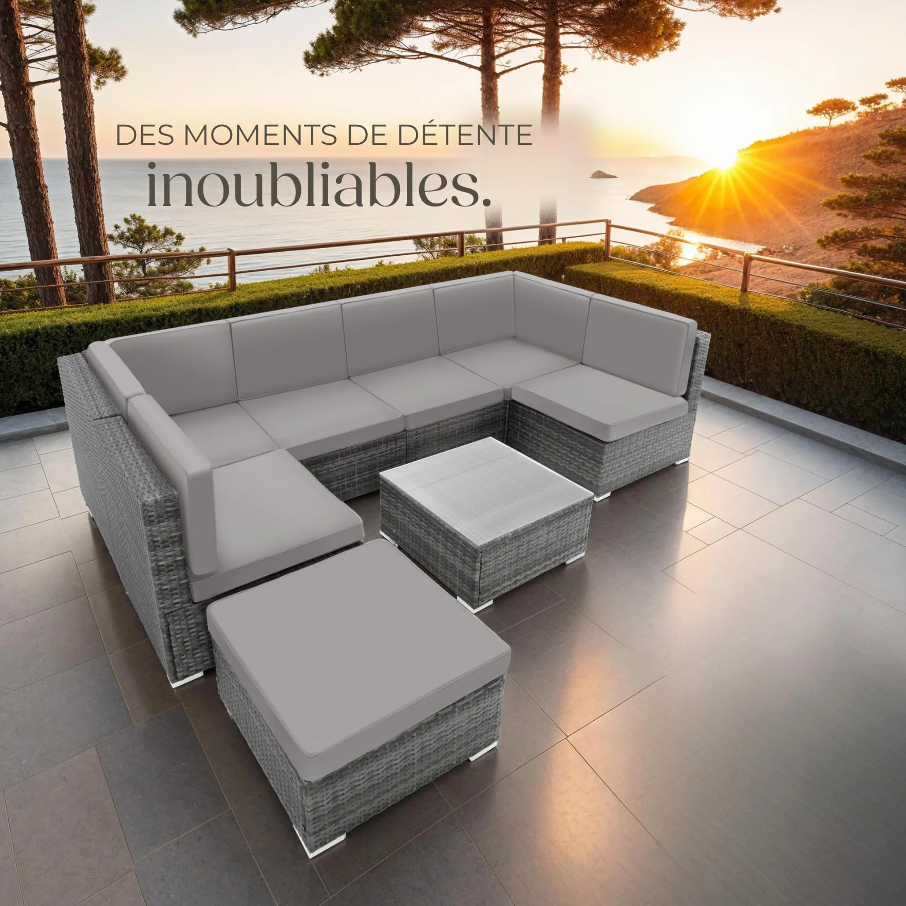 Tectake Salon de Jardin en Rotin Modulable, Canapé Ensemble 6 Fauteuils 1 Tabouret Pouf 1 Table Gris