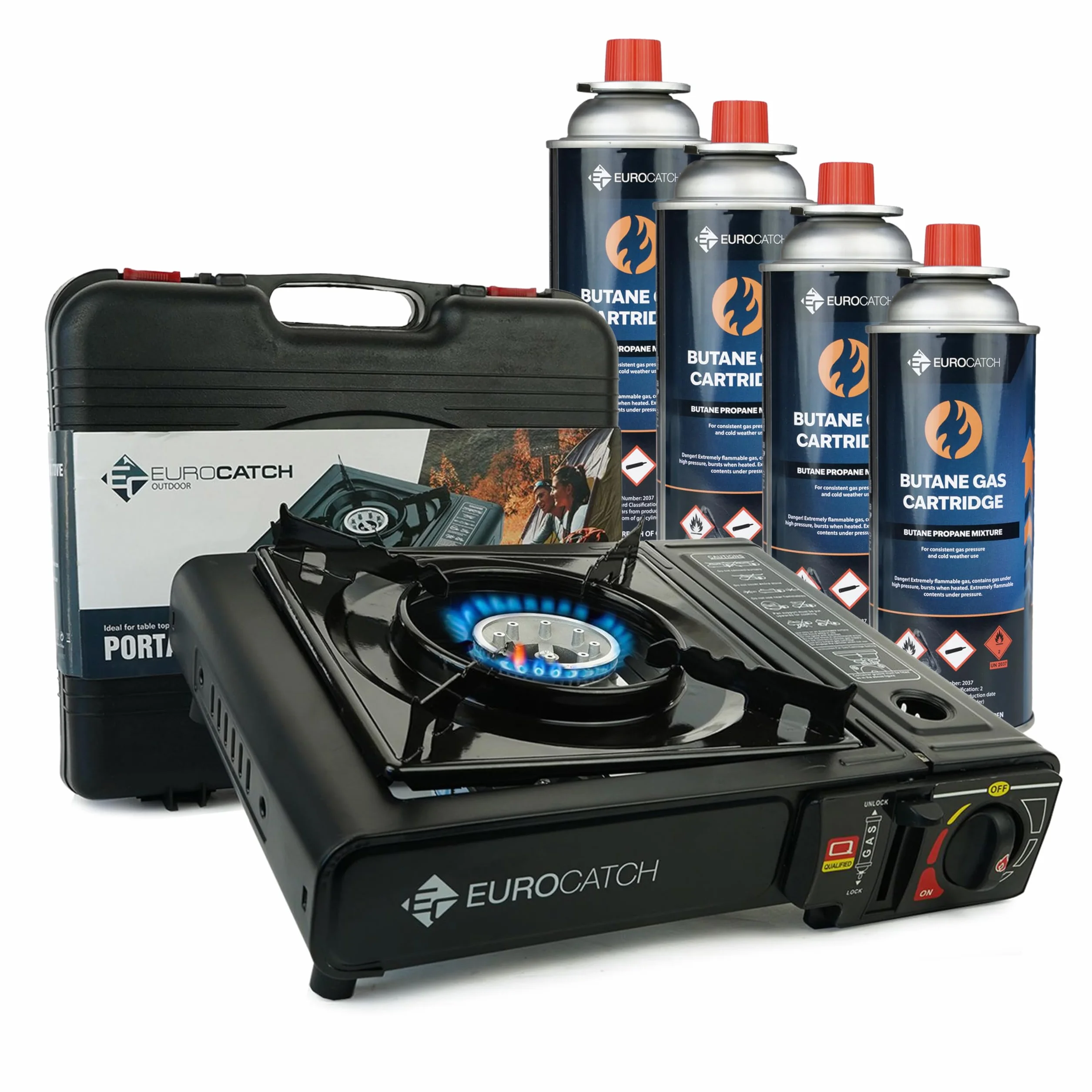 Réchaud à gaz - incl. 4 cartouches de gaz - Réchaud de camping - Brûleur à gaz - Cuisinière à gaz - Plaque de cuisson - Cuisinière - Mallette de transport - gris foncé.