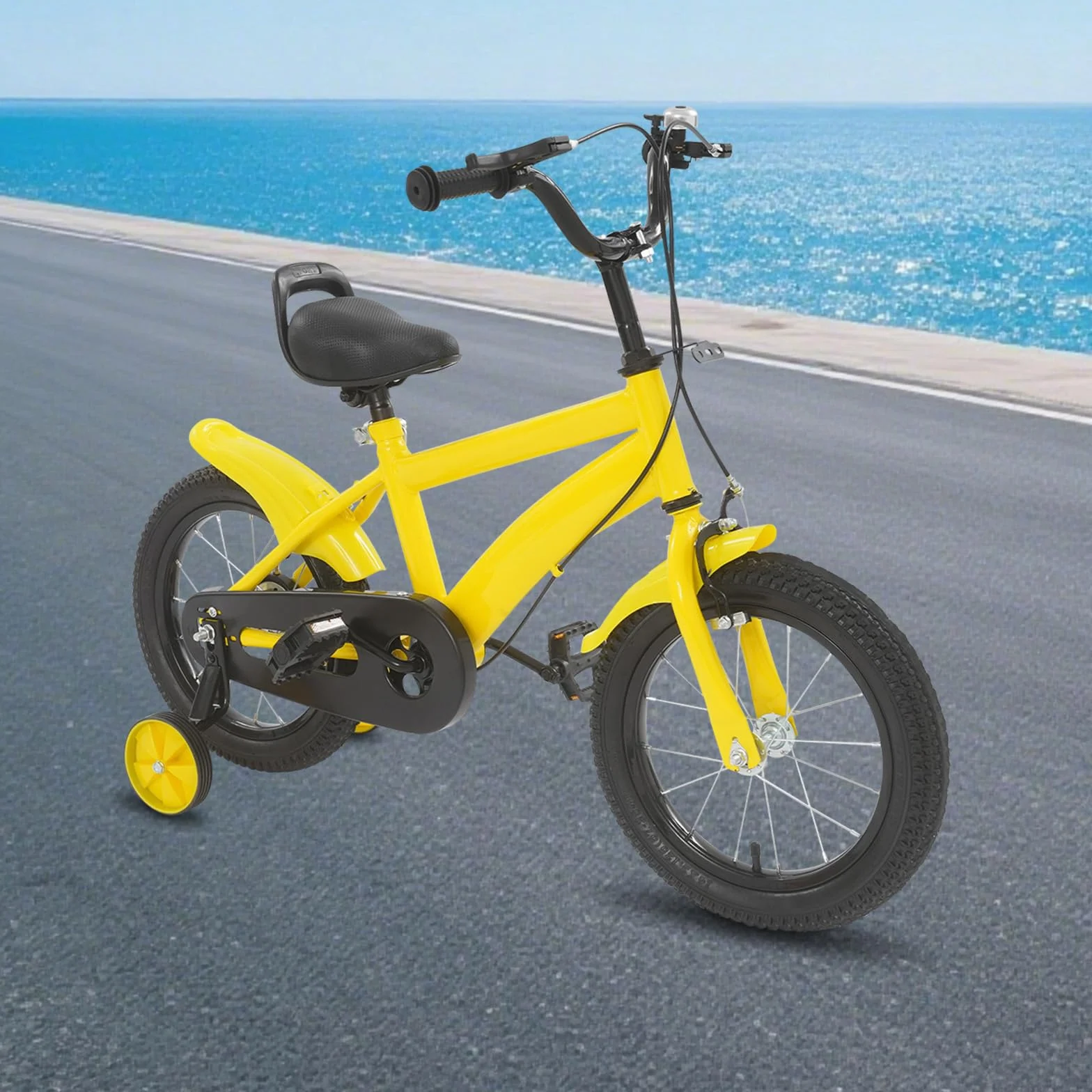 Vélo pour enfant 14 pouces, avec stabilisateurs, vélo pour garçon et fille, guidon et selle réglables en hauteur, cadre léger en acier au carbone, double système de freinage, garde-boue