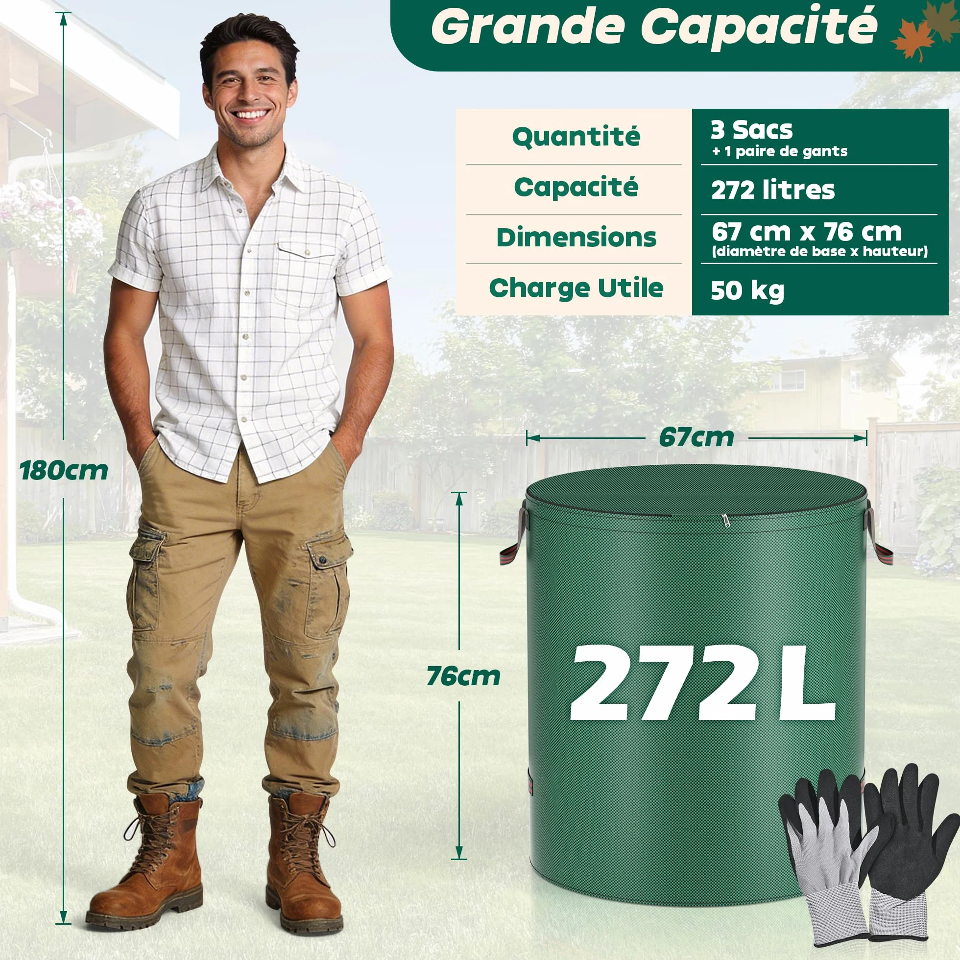 Sac Jardin 272 L Avec Couvercle Et Gants - 3 Sacs Déchets Verts