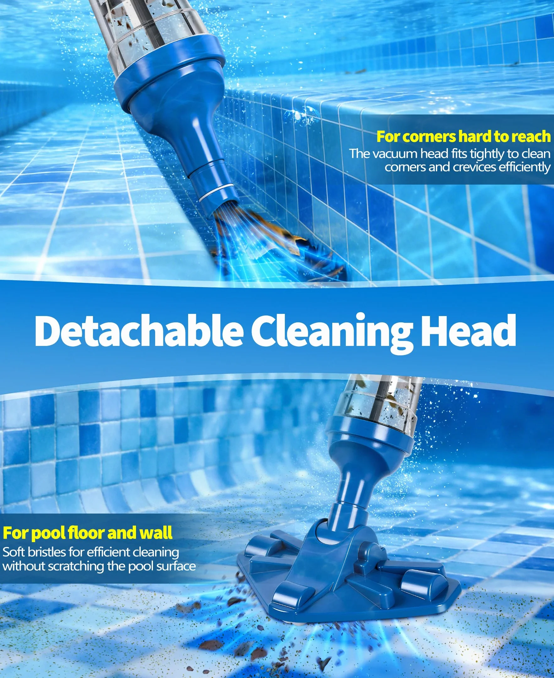 PoolLeader Aspirateur Piscine sans Fil 60L/Min 2.13M Balai avec Capteur d'eau 2 Têtes Nettoyage Autonomie 90min