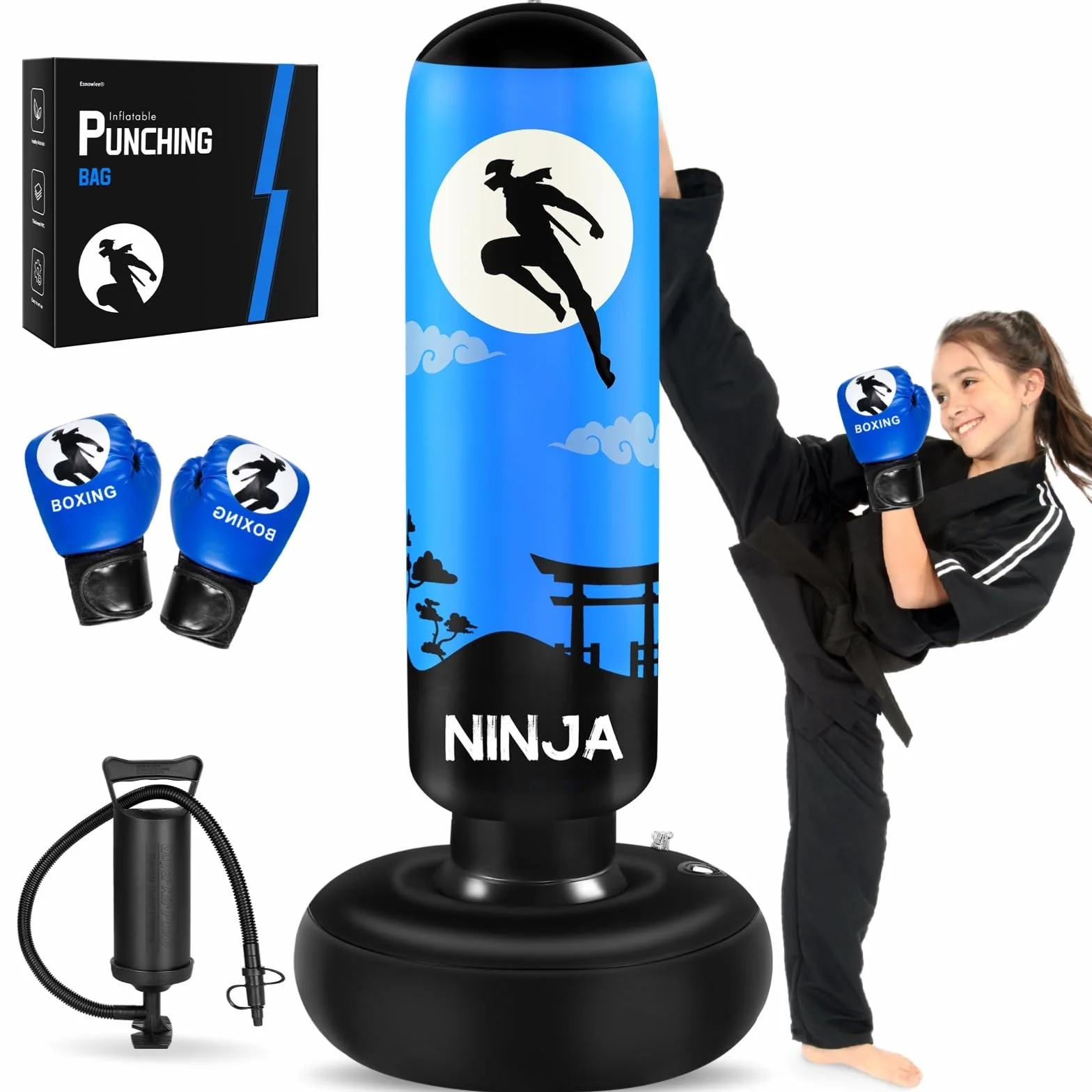 Punching Ball avec Gants de Boxe et Pompe, Sac de Boxe Enfant 168 cm - Idéal pour Karaté, Taekwondo, Cadeau Parfait pour Garçons & Filles de 5 à 12 Ans