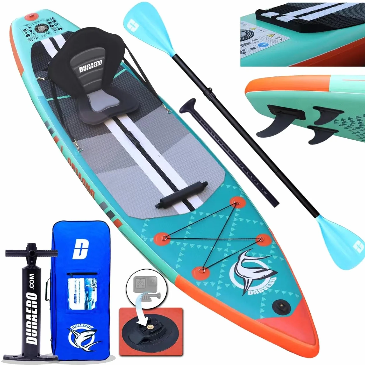 Stand up Paddle Gonflable Planches gonflables, siège Kayak,330 x 76 x 15 cm, jusqu'à 150 kg, Support GO-Pro, Pad intégré, 3 Ailes, Double pagaie réglable, Accessoires complets, Vert Menthe