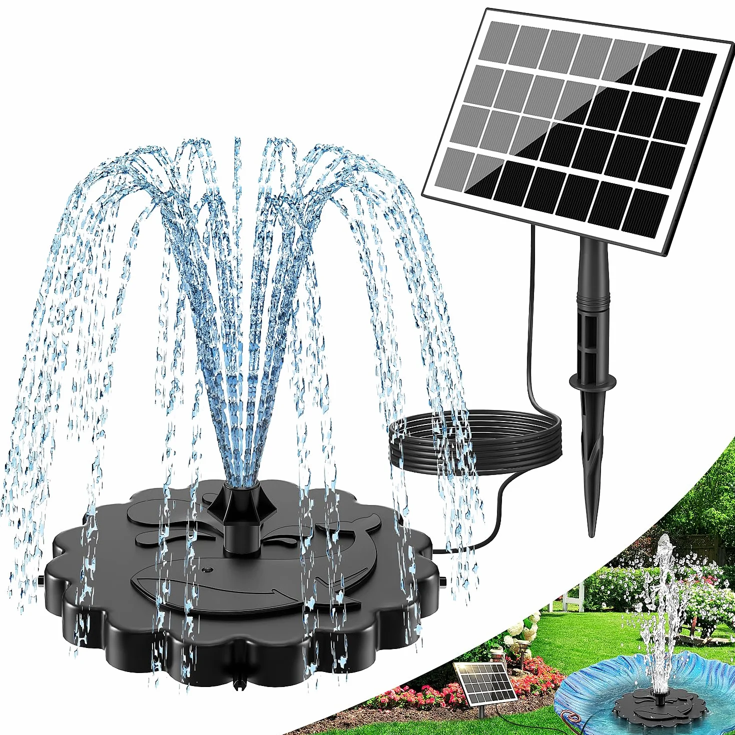 Fontaine Solaire 3.5W avec Pompe Bassin Extérieur, Câble 3M & 8 Buses