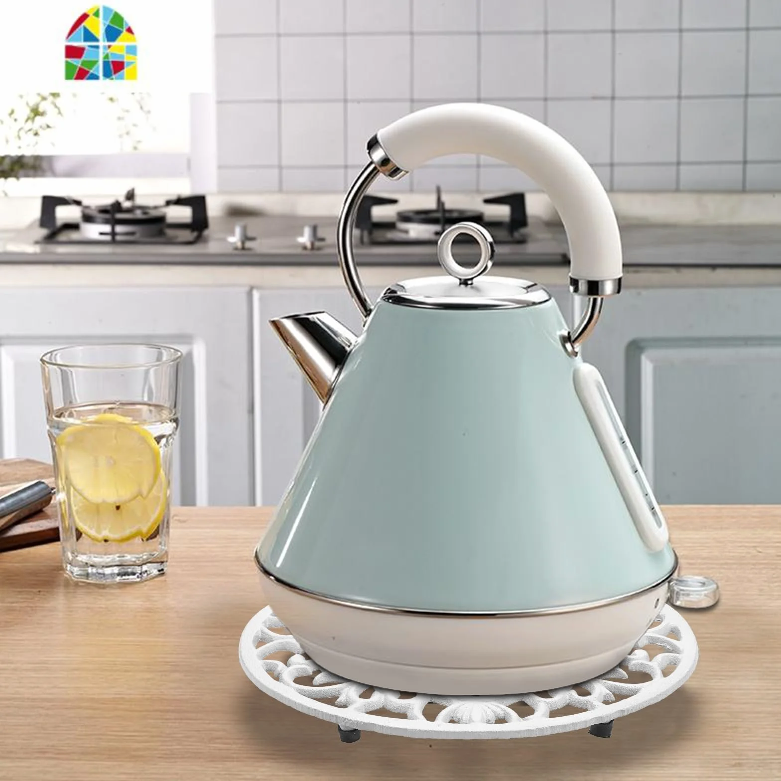 Dessous de plat ovale en fonte vintage avec pattes en caoutchouc pour cuisine et salle à manger (blanc)