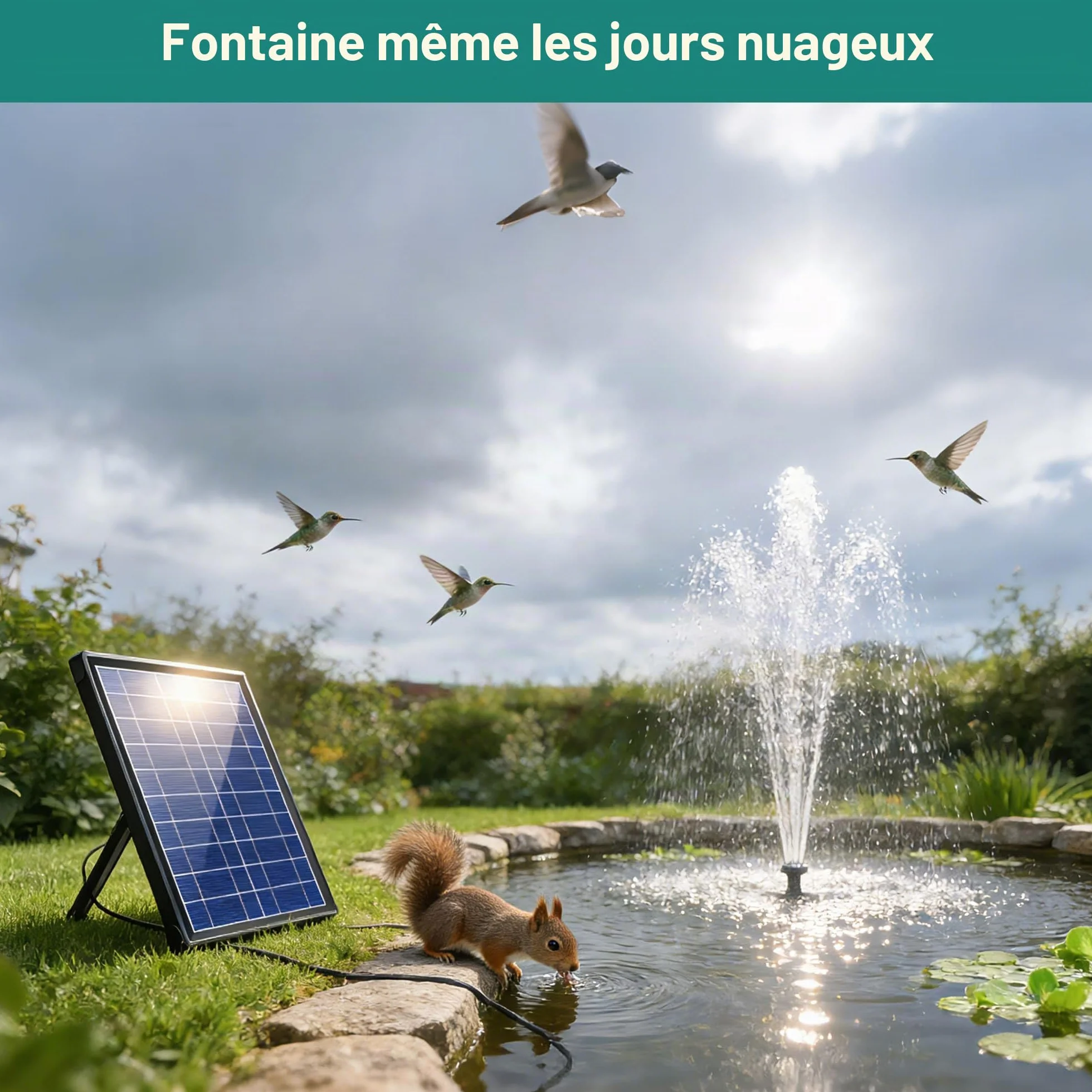 Fontaine Solaire 8 W Extérieur avec Batterie 3600 mAh Pompe Bassin Filtre Flottante ABS