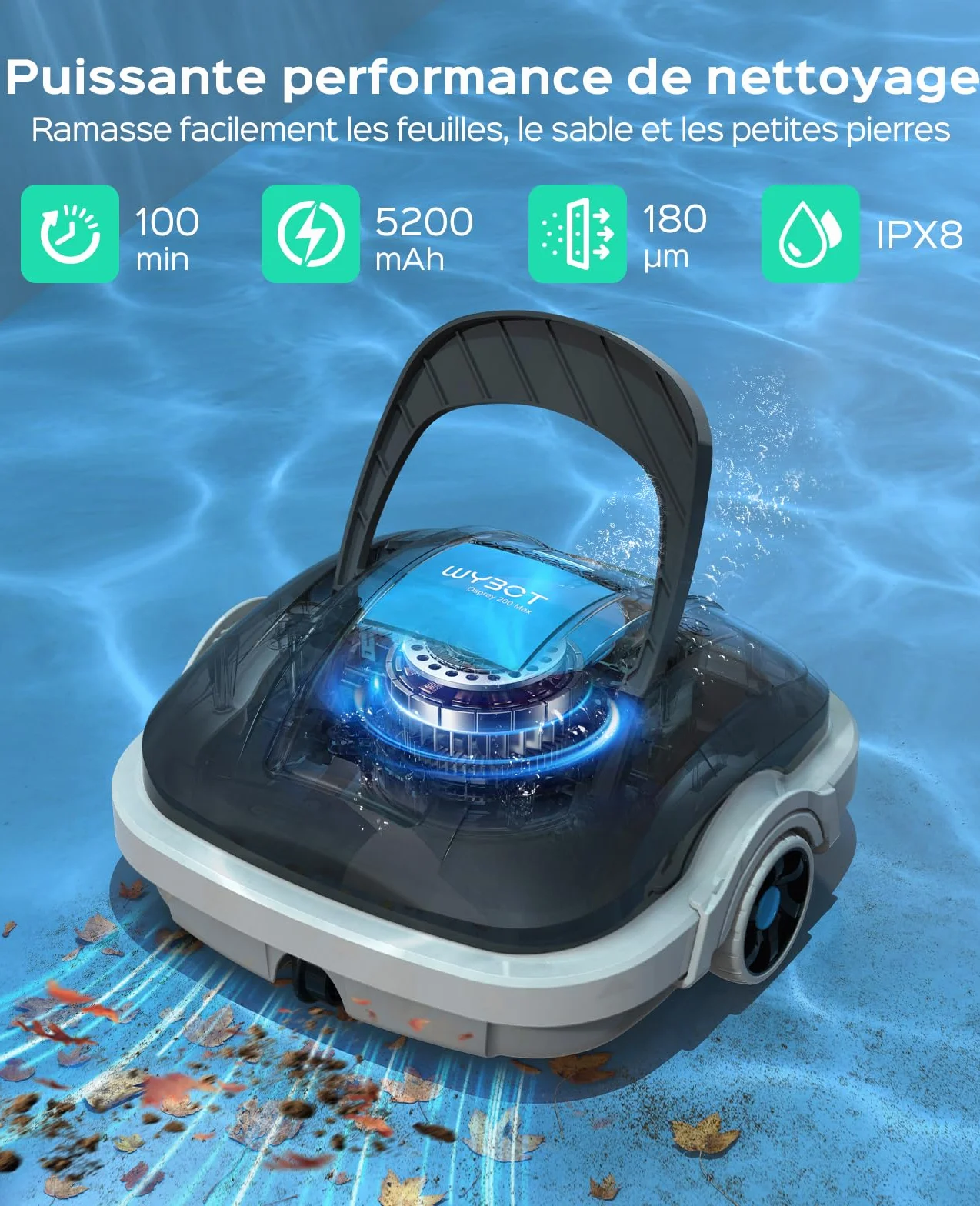 WYBOT Osprey 200 Max Robot Piscine sans Fil, Aspirateur Piscine Moteurs Doubles, Autonomie 100 Min, 80m², Gris foncé