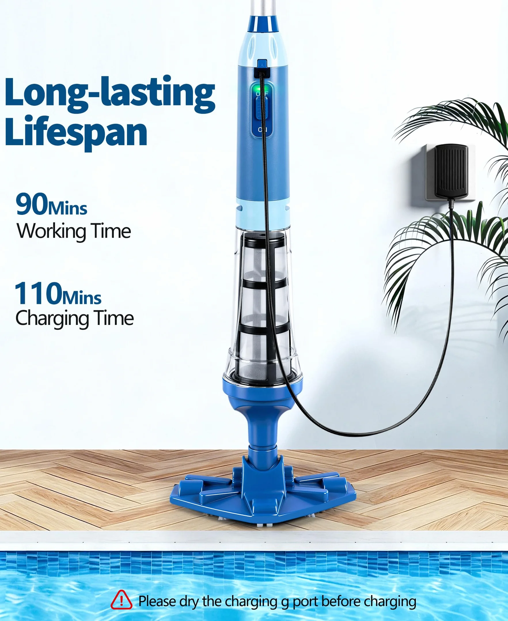 PoolLeader Aspirateur Piscine sans Fil 60L/Min 2.13M Balai avec Capteur d'eau 2 Têtes Nettoyage Autonomie 90min