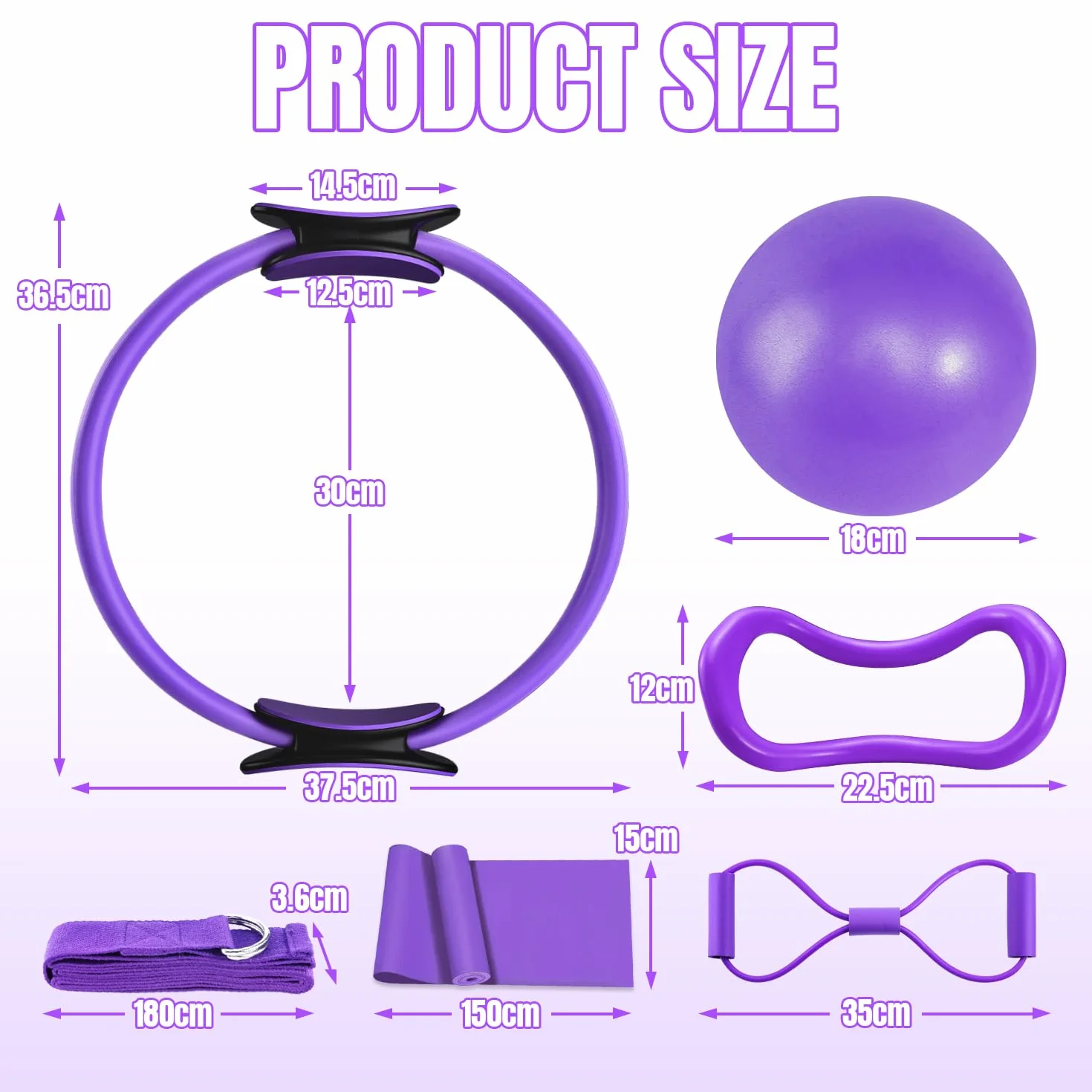 Pilates Ring Set - 6 Pièces, Anneau de Pilates, Ballon de Yoga, Bandes de Résistance, Kit Pilates pour Maison, Kits de Yoga et Pilates Accessoires, Cercle Magique de Fitness Femmes (Violet)