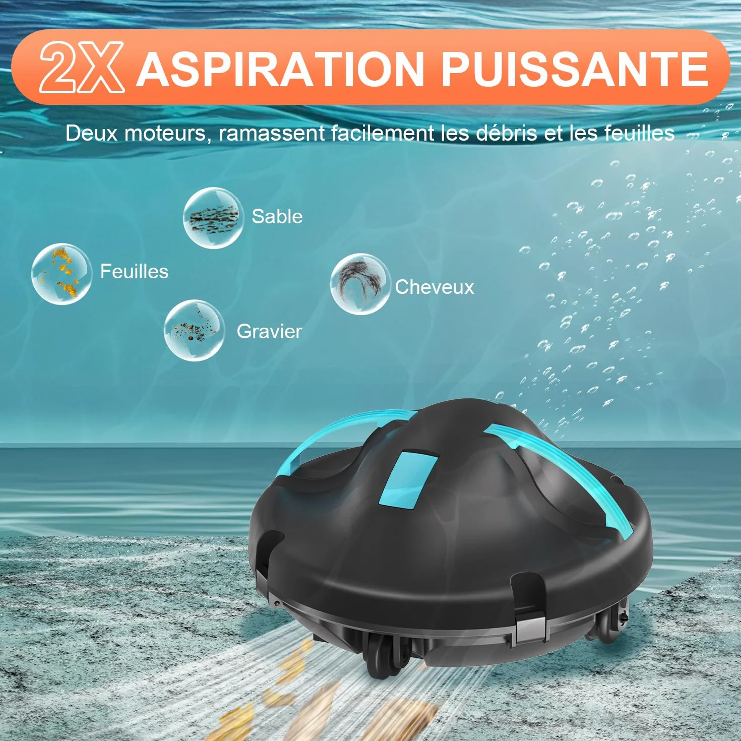 Robot Piscine sans Fil 130 Min Double Moteur Puissante Aspiration Auto-Stationnement Bleu 102 ㎡
