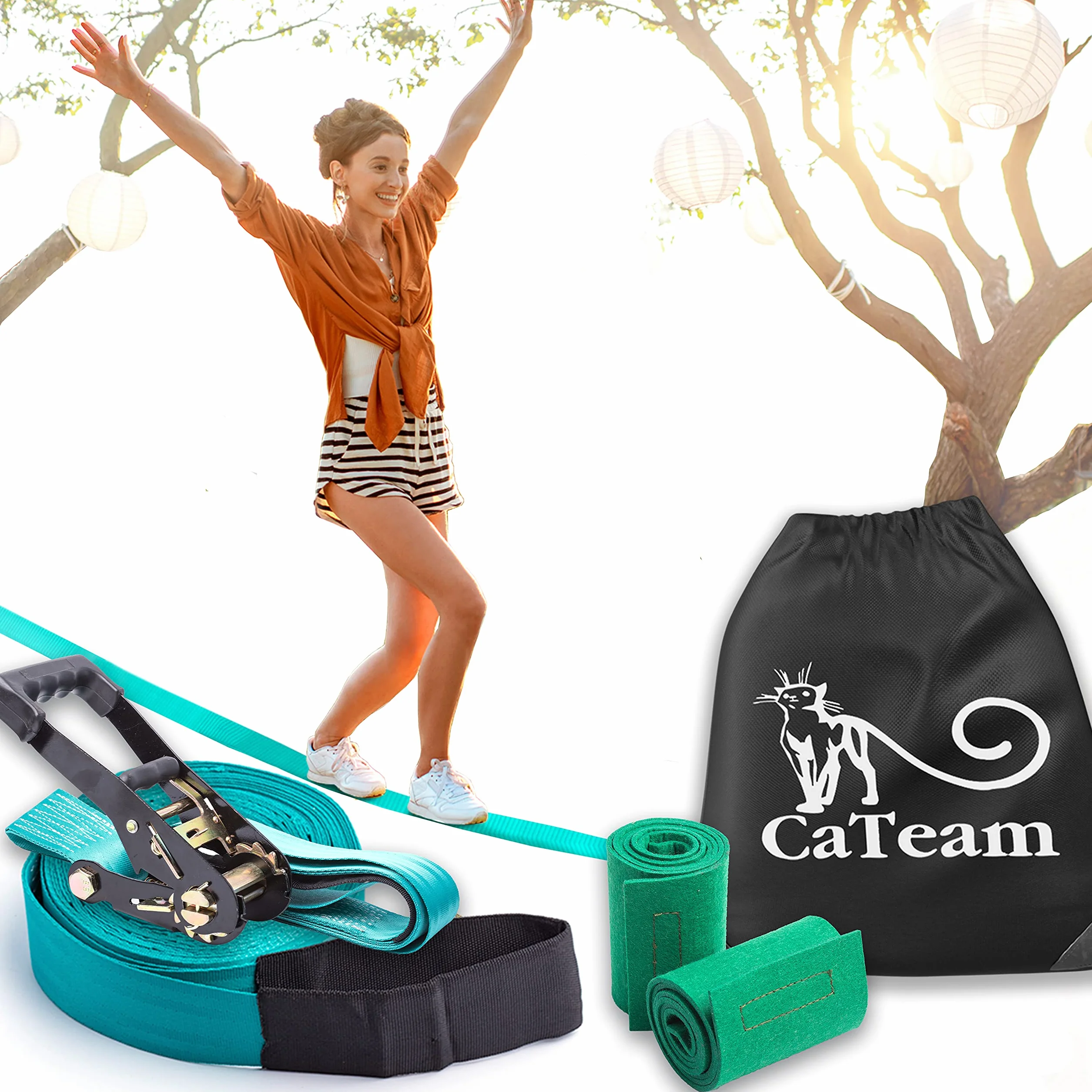 Slackline pour l'entraînement d'équilibre 50 'avec cliquet Industriel Robuste, Bande de Protection d'arbre et Sac de Transport - Slack Lines for Backyard - Slackline de Soutien de Ligne Ninja.