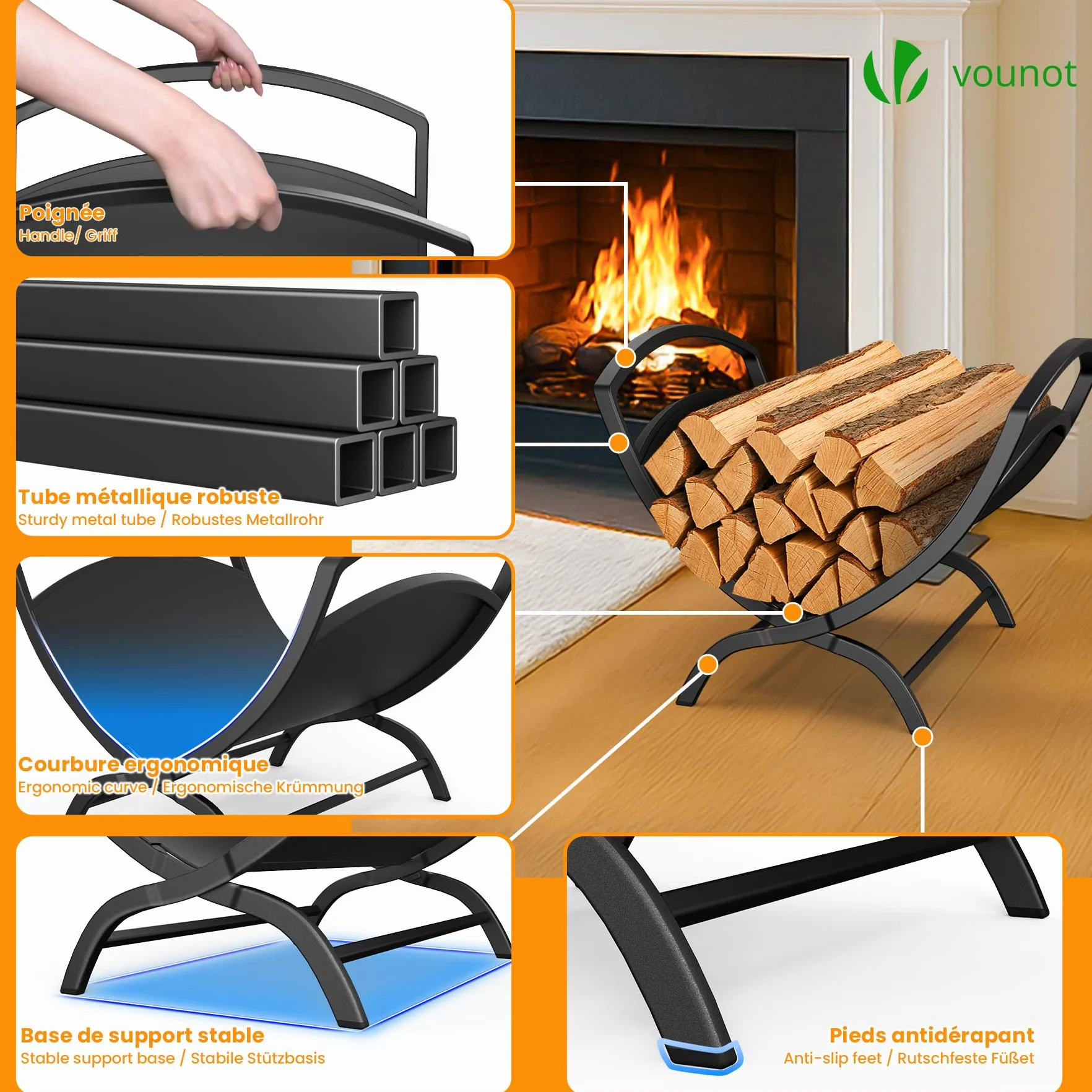 Vounot Range Bûche en Métal 40.5x32x33cm Noir Porte Bûche pour Cheminée Intérieur Extérieur