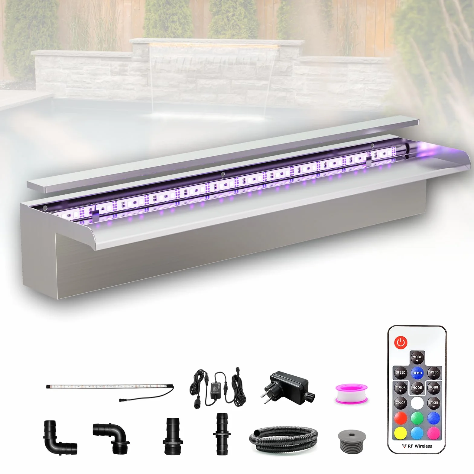LONGRUN Cascade de Bassin 60 cm, Acier Inoxydable 304, Fontaine Piscine extérieure LED 7 Couleurs Télécommande