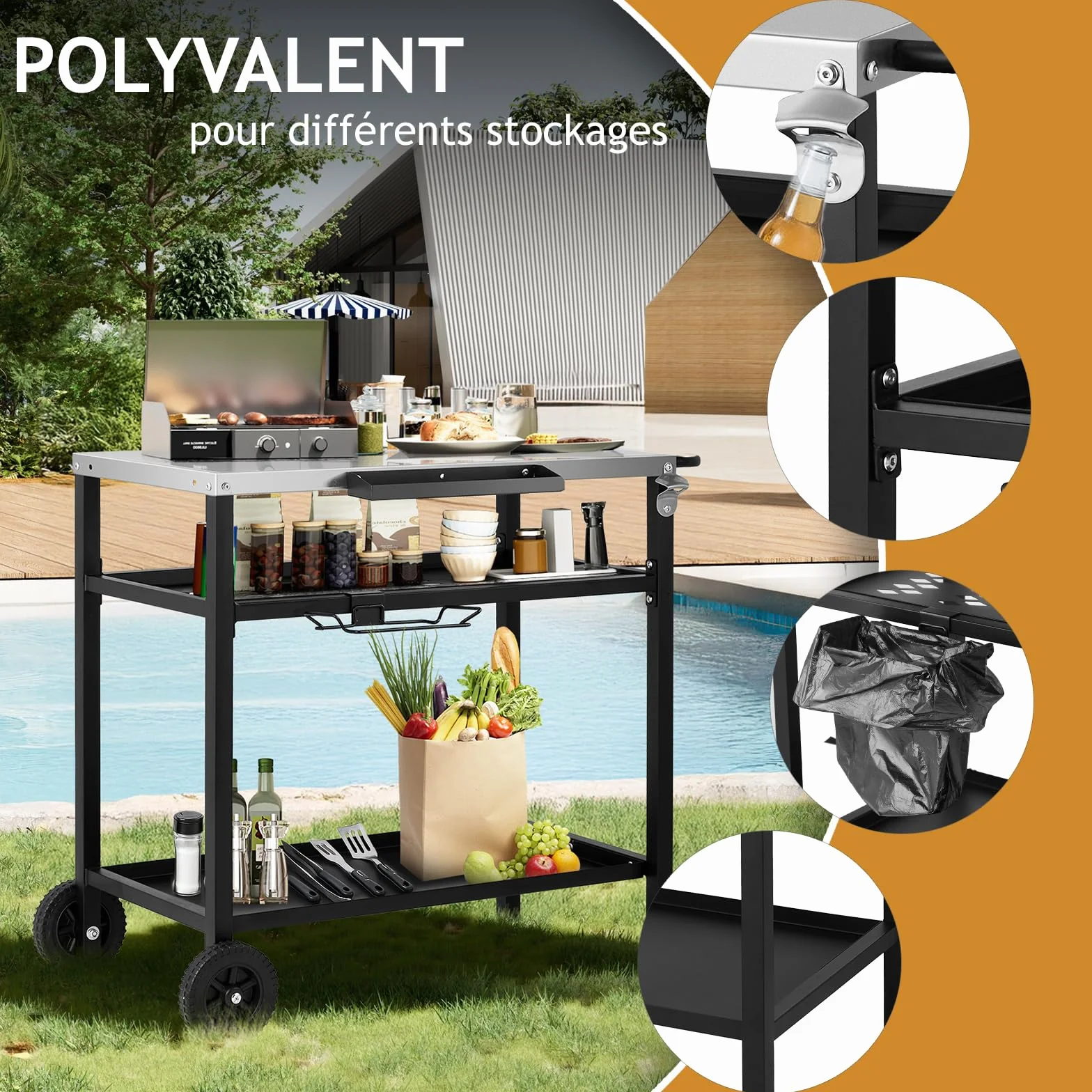 Desserte à roulettes Chariot de Barbecue Mobile 3 Niveaux 97x51x83 cm Acier Inoxydable