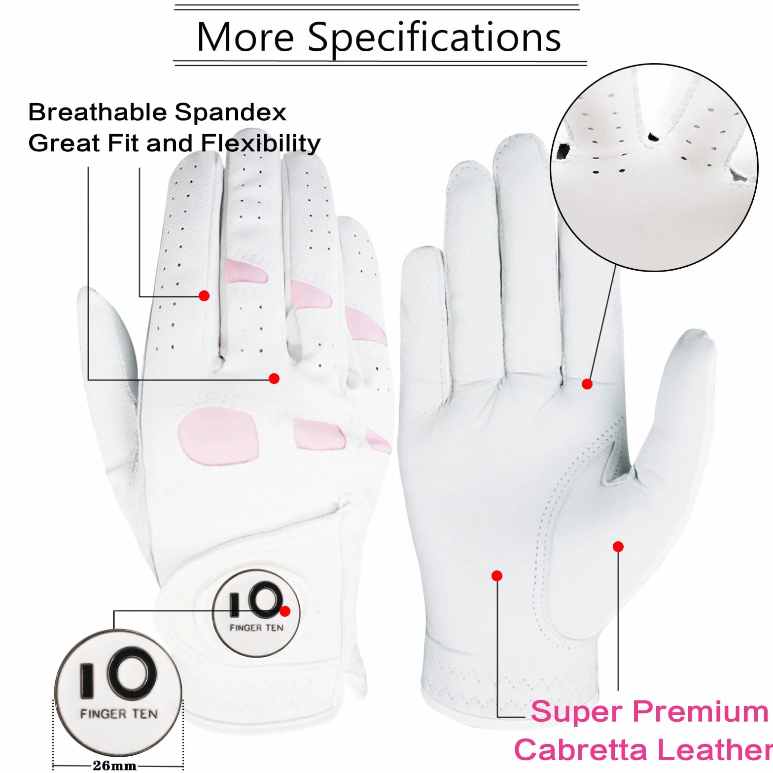 FINGER TEN Gants de Golf Femme Cuir Cabretta Marqueur de Balle Taille S M L XL