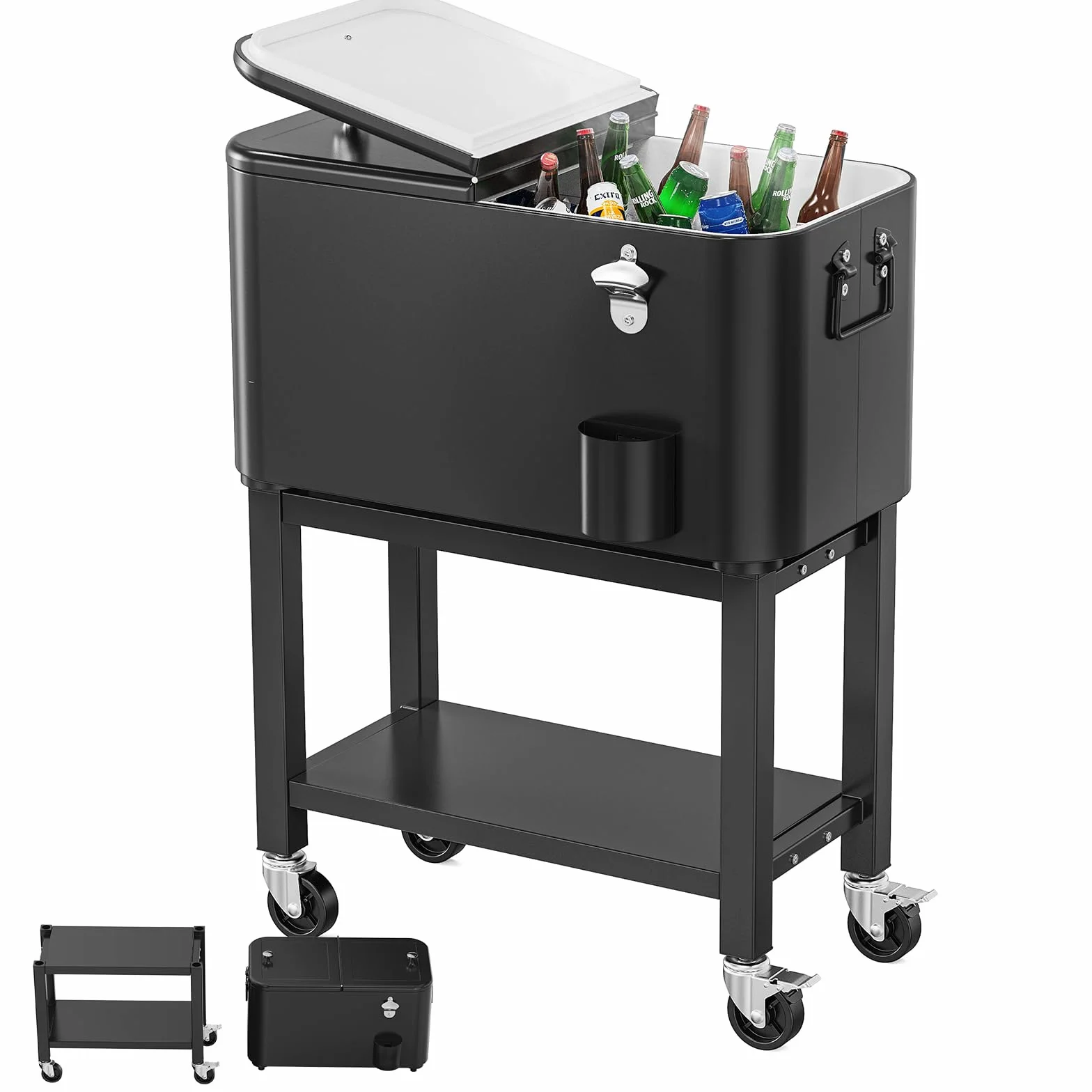 Bonnlo Glacière à roulettes 76 L Frigo Camping Jardin Chariot Frigorifique Ouvre-Bouteille Attrappe-Capsule