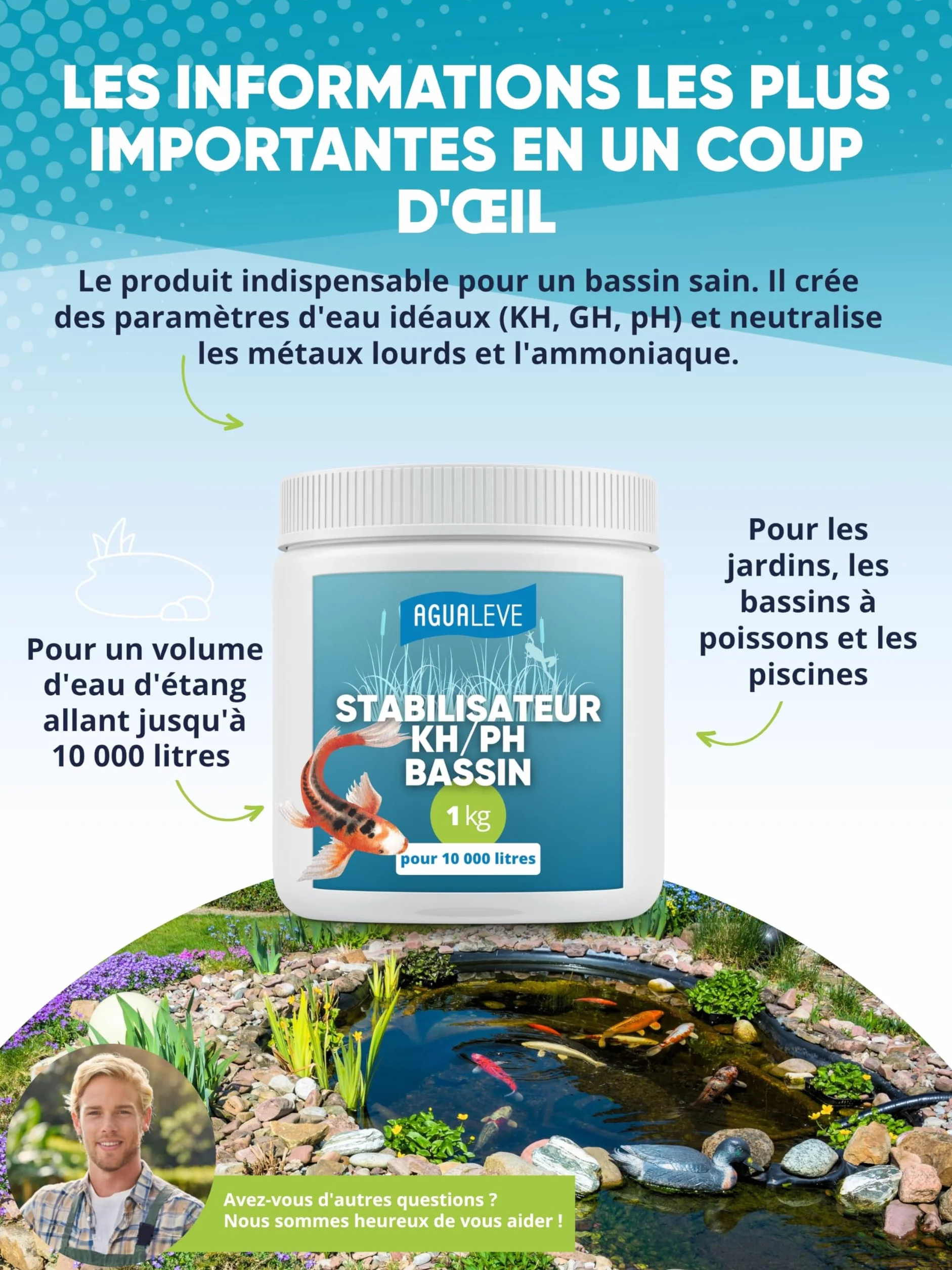 AGUALEVE® Teichvital 1,0 kg | Revitalisant pour étangs à poissons | Microgranules BIO3 | Fabriqué en Allemagne | Pour 25 000 l