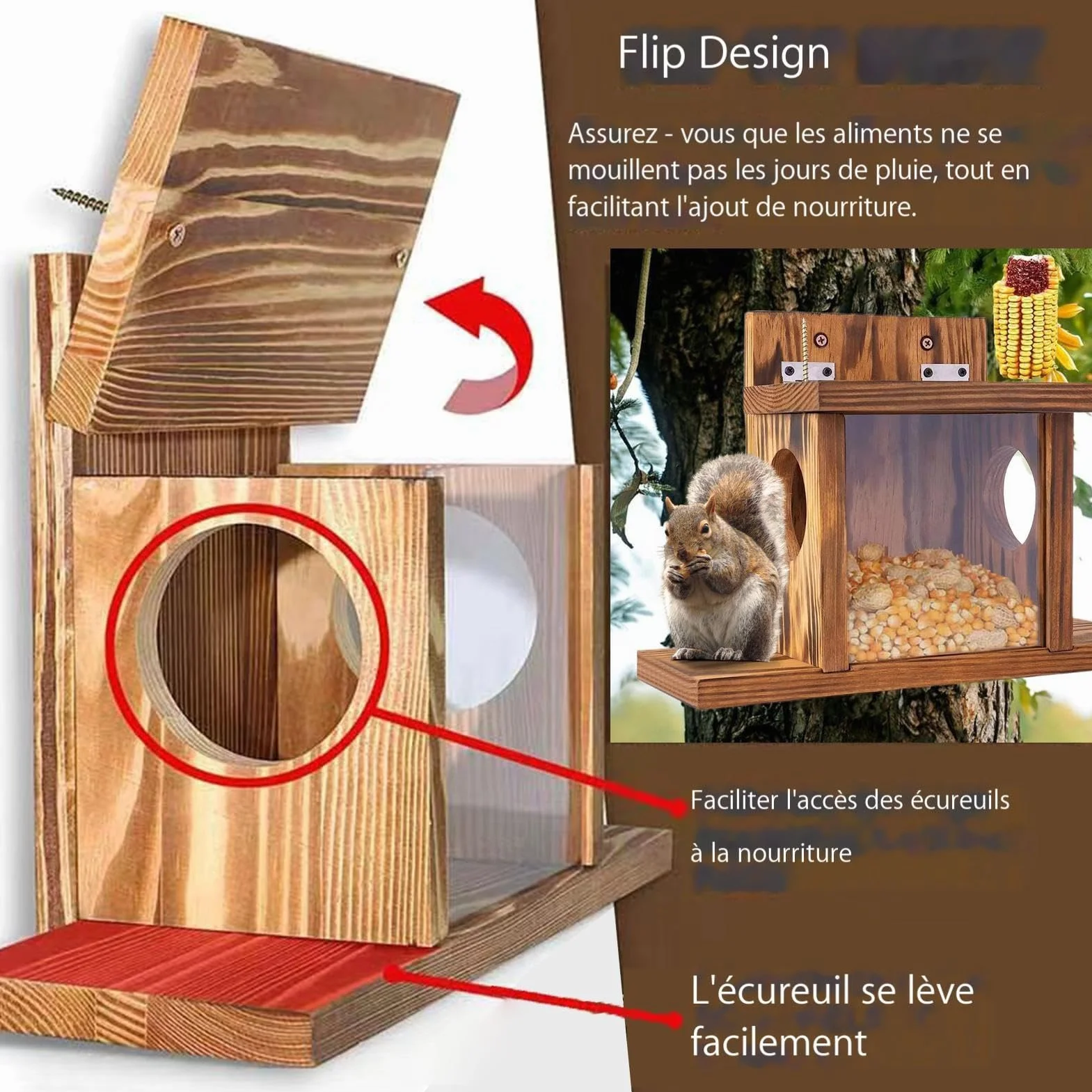 Mangeoire À Écureuils en Bois Grande Capacité pour Extérieur Jardin