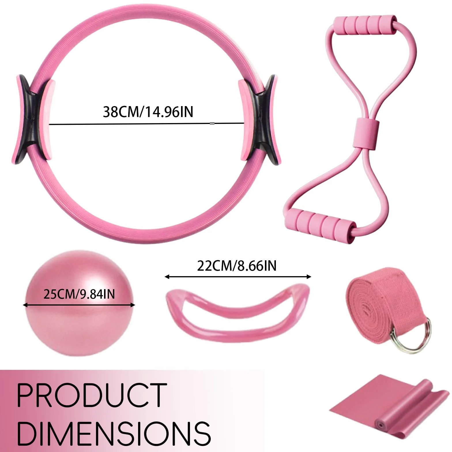 6 Pièces Kit Pilates Maison Accessoire Pilates Femme Kit: Yoga Ball, Resistance Bands, Pilate Ring, Yoga Band pour l'Entraînement à Domicile et en Studio (Rose)